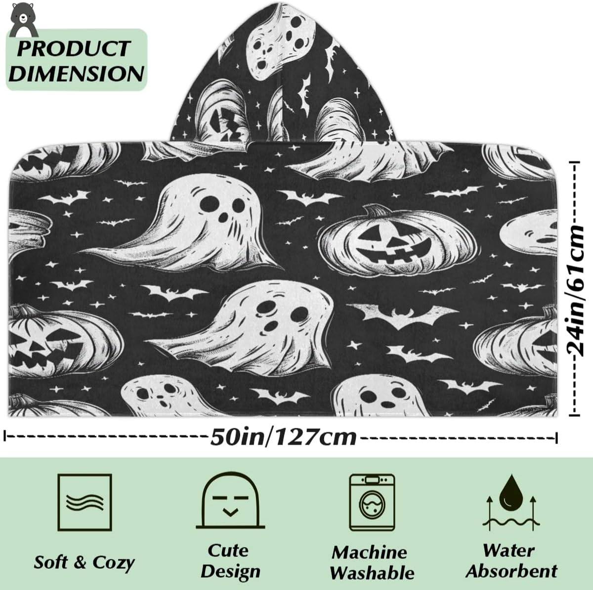 Pardick Kids Bath Towel Skull Ghost Pumpkin Beach Towel with Hood Pool Cover Up for Girls Boys Soft Absorbent Hooded Bath Towel Toddler Towels for Beach, Pool