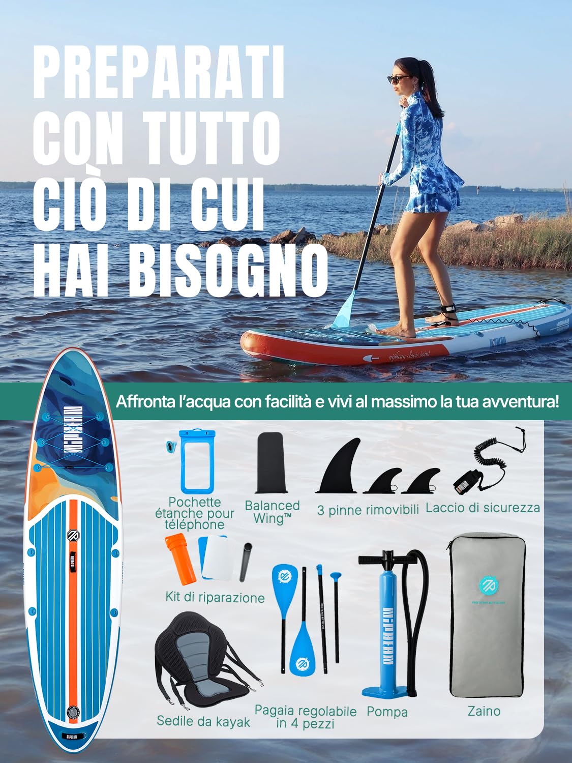 Niphean SUP Gonfiabile Adulti con Tutti gli Accessori, 320cm Stand up Paddle Gonfiabile per Tutti i Livelli, Paddle Board con Capacità di 200kg per 2 Persone, Tavola da SUP Gonfiabile con Sedia