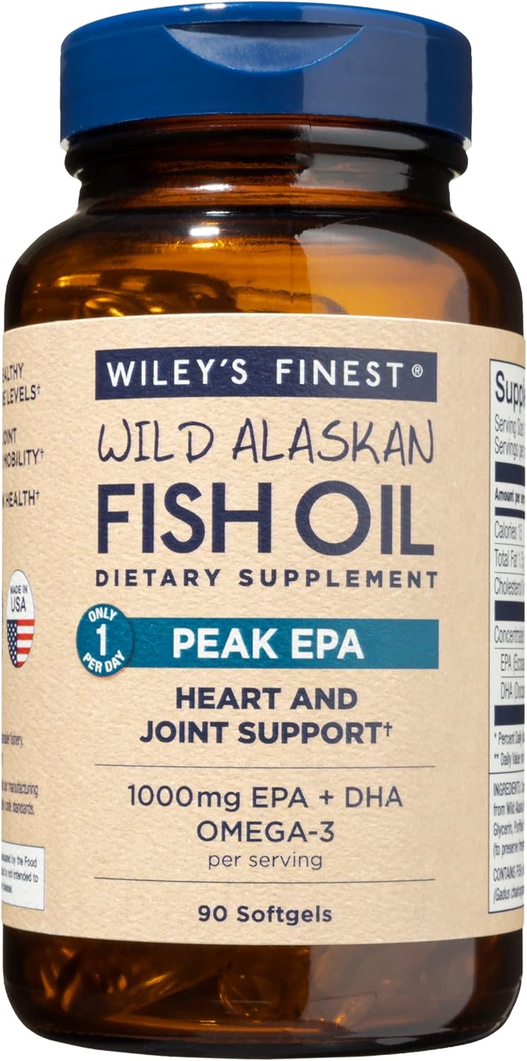 Wiley's Finest Wild Alaskan Fish Oil Peak EPA - Triple Strength Peak EPA and DHA - 1000mg Omega-3s, SQF-Certified - 90 Softgels (90 Servings) : Health & Household