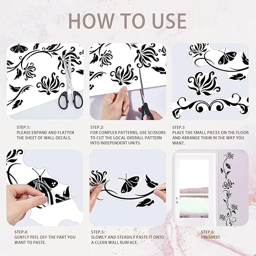 Miniatura 5 de PLIGREAT Calcomanías de pared de flores negras, calcomanías de pared de mariposas, vinilo extraíble para guardería, dormitorio, sala de estar,