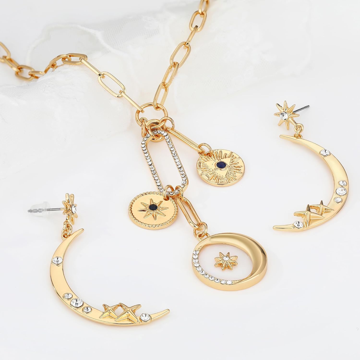 Dainty Gold Evil Eye Hamsa Hand Coin Lucky Charm Pendant Necklace for Women Trendy Vintage Paperclip Chain Sun Moon Clover Flower Chunky Charm Necklace Jewelry Gifts image 4
