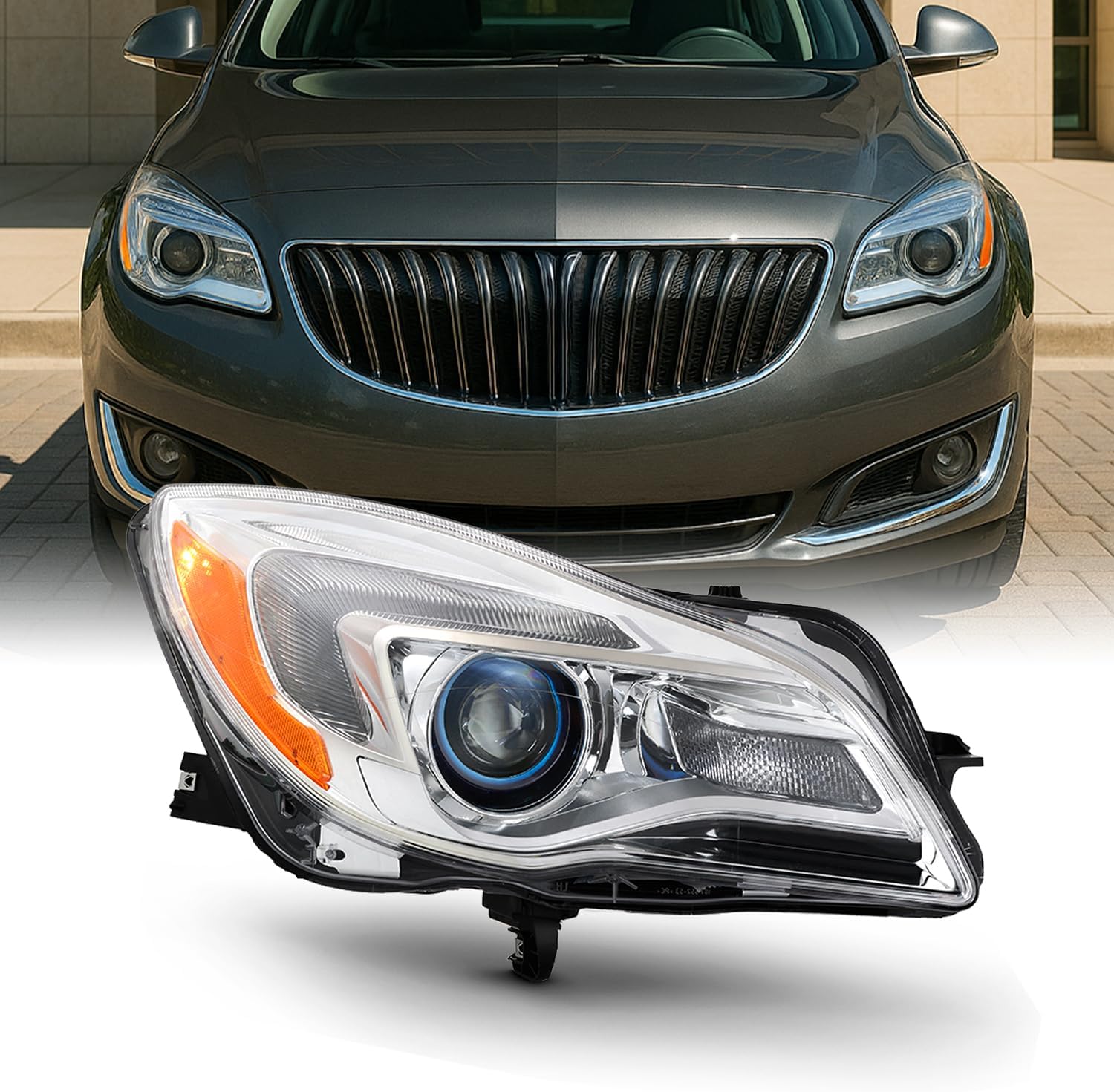 AKKON - Fits 2014 2015 2016 2017 Buick Regal Halogen Projector Headlight Chrome Passenger Right Side Replacement