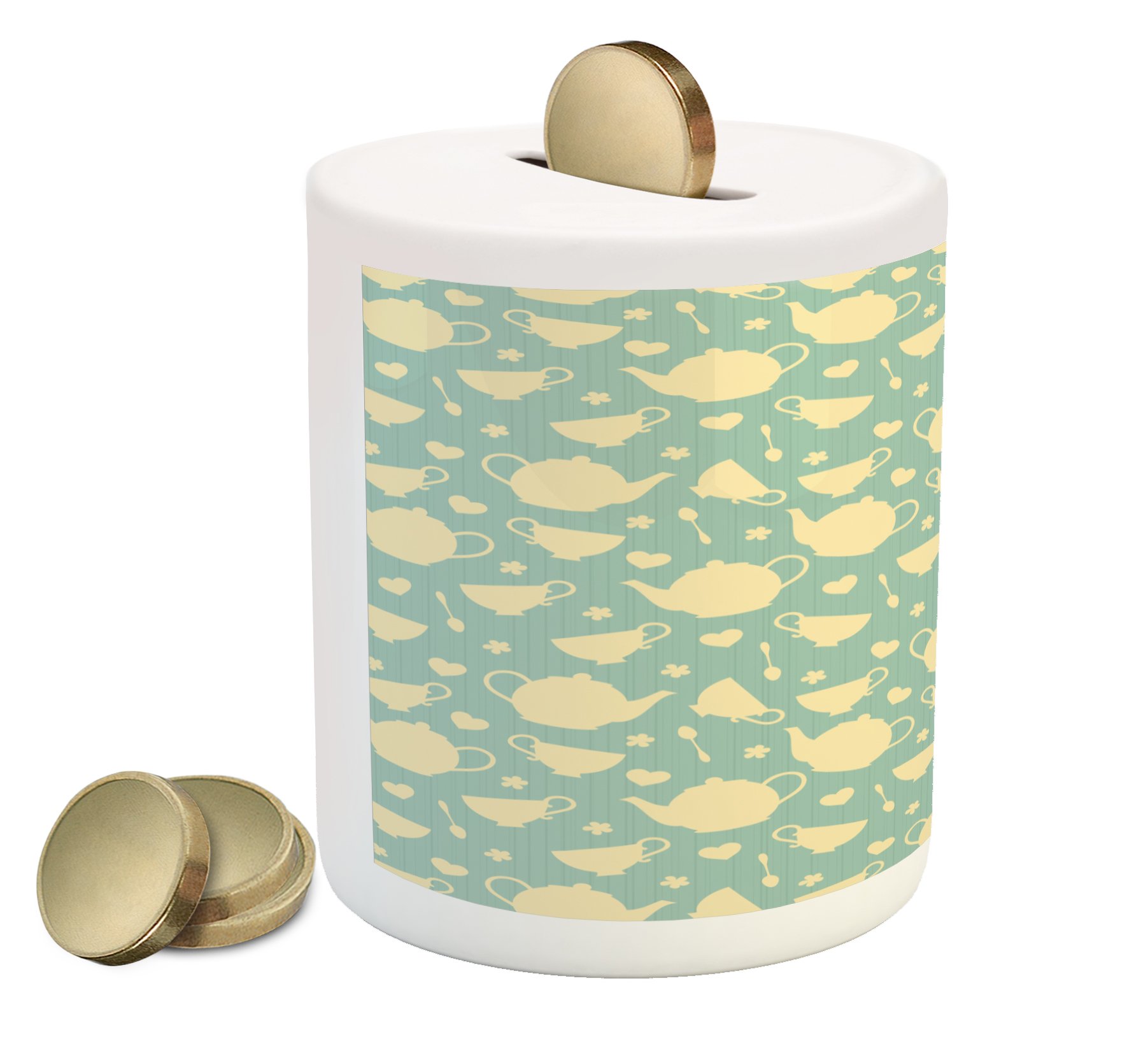 AmbesonneTea Piggy Bank, Tea Cup and Teapot Elements in Nostalgic British English Tradition Print, Printed Ceramic Coin Bank Money Box for Cash Saving, Pale Yellow Turquoise
