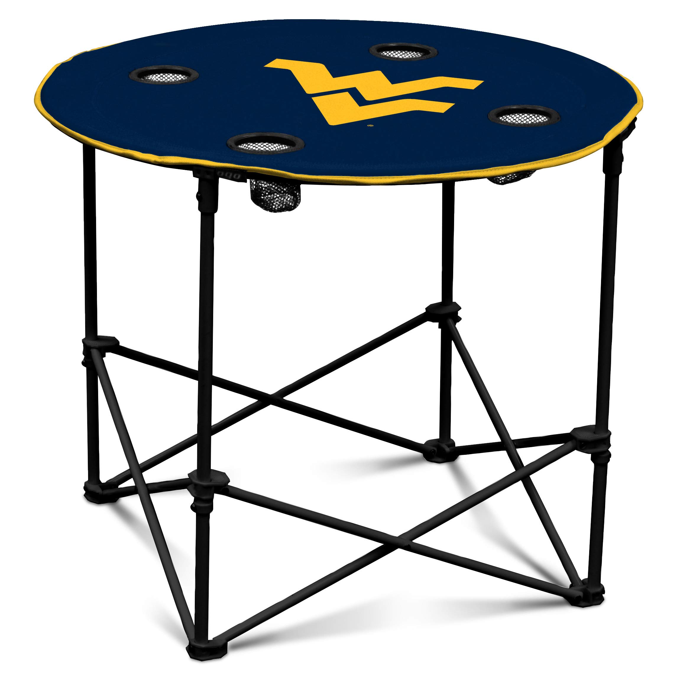 Logo Brands NCAA West Virginia Mountaineers Round Tailgating Table – Portable with Foldable Legs, 4 Cup Holders, Powder-Coated Steel, and 27.6" Surface Diameter, Team Color
