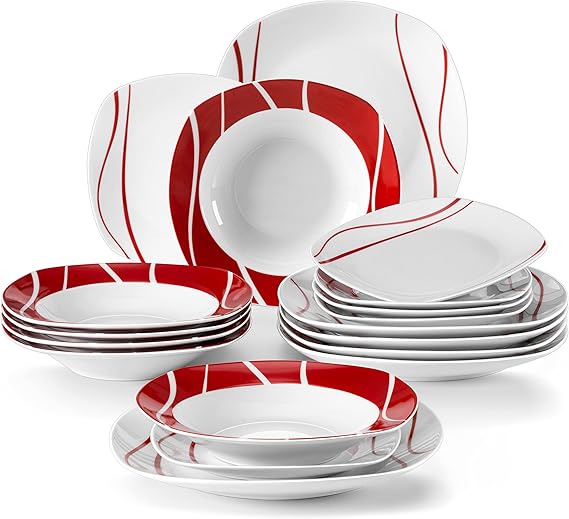 MALACASA Dinner Sets, 18Piece Red Stripes Porcelain Plates and Bowls