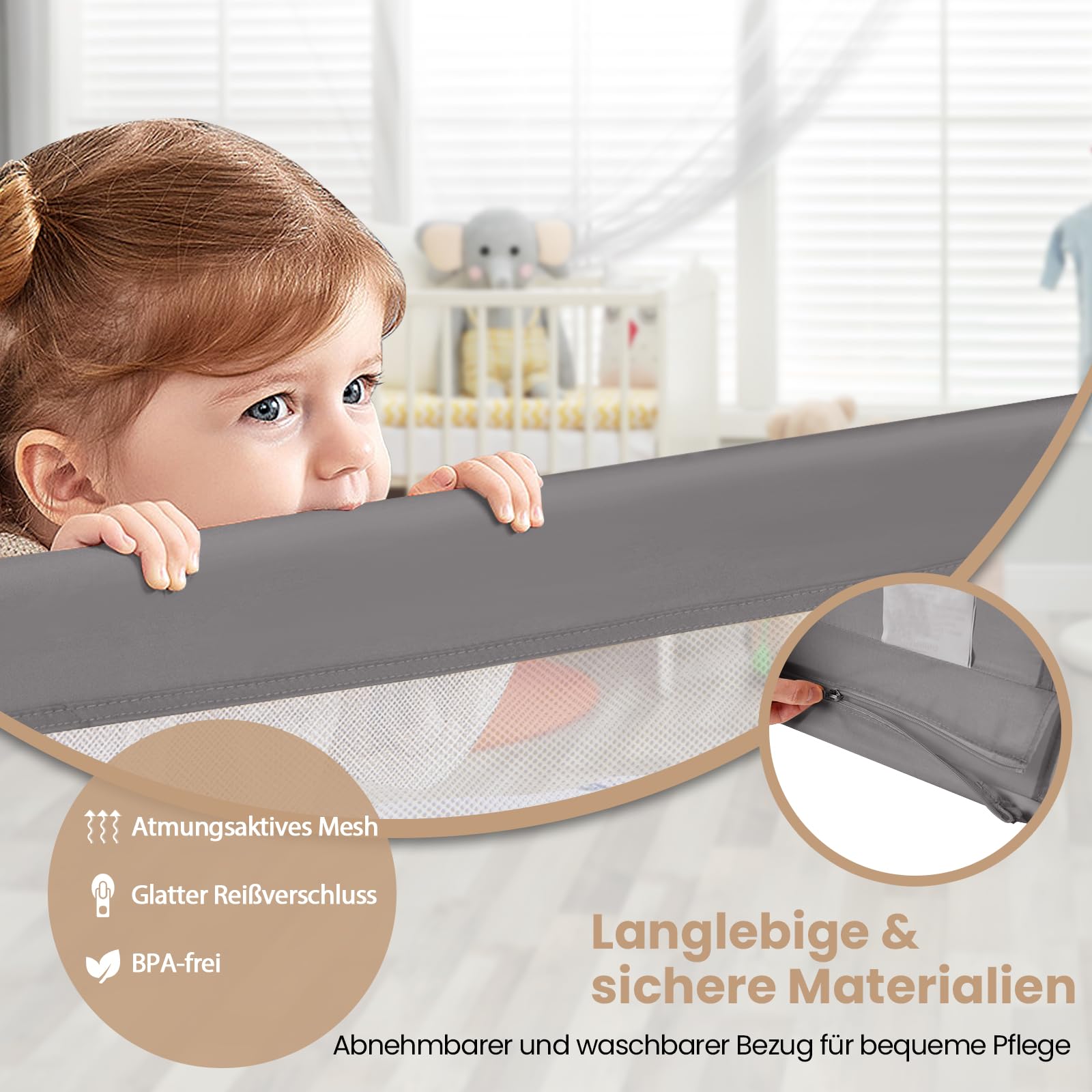 GOPLUS Bettgitter klappbar, Kinderbettgitter mit Sicherheitsgurten, atmungsaktives Gewebe, für Zwillings-, Einzel-, Doppel-, Voll-, Queen- und King-Size-Matratzen, 180 cm x 56 cm (Grau)