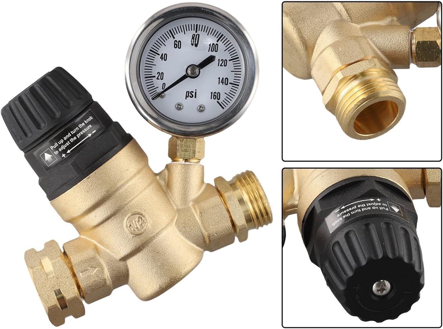 3/4 Inch Water Pressure Regulator with Gauge for RV Camper and Garden Hose, Brass Adjustable Pressure Regulator with Dual Filter, 45-160