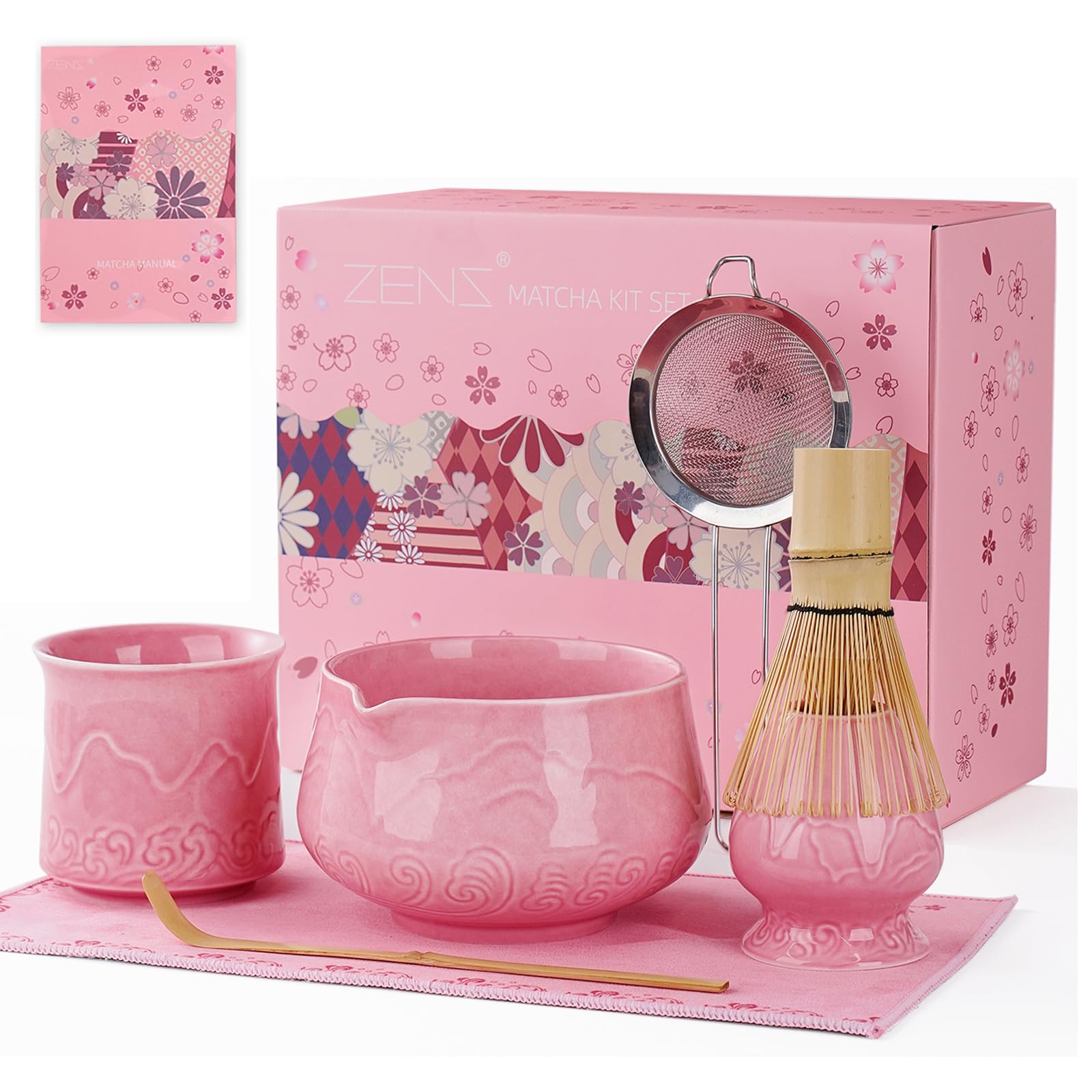ZENS 7pcs Matcha Set Matcha Whisk Set Includes Pink Bowl and Cup for Bamboo Whisk Chasen Holder Scoop