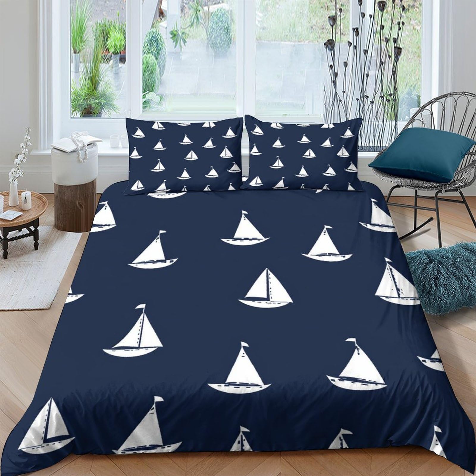 Ctjqhvkz Style-9 3D Printed Sailboat Navy Blue Fitted Sheet Microfiber Soft Breathable Nautical Boat Mattress Cover For Bedroom Guest Room Decor Single（135X200cm）