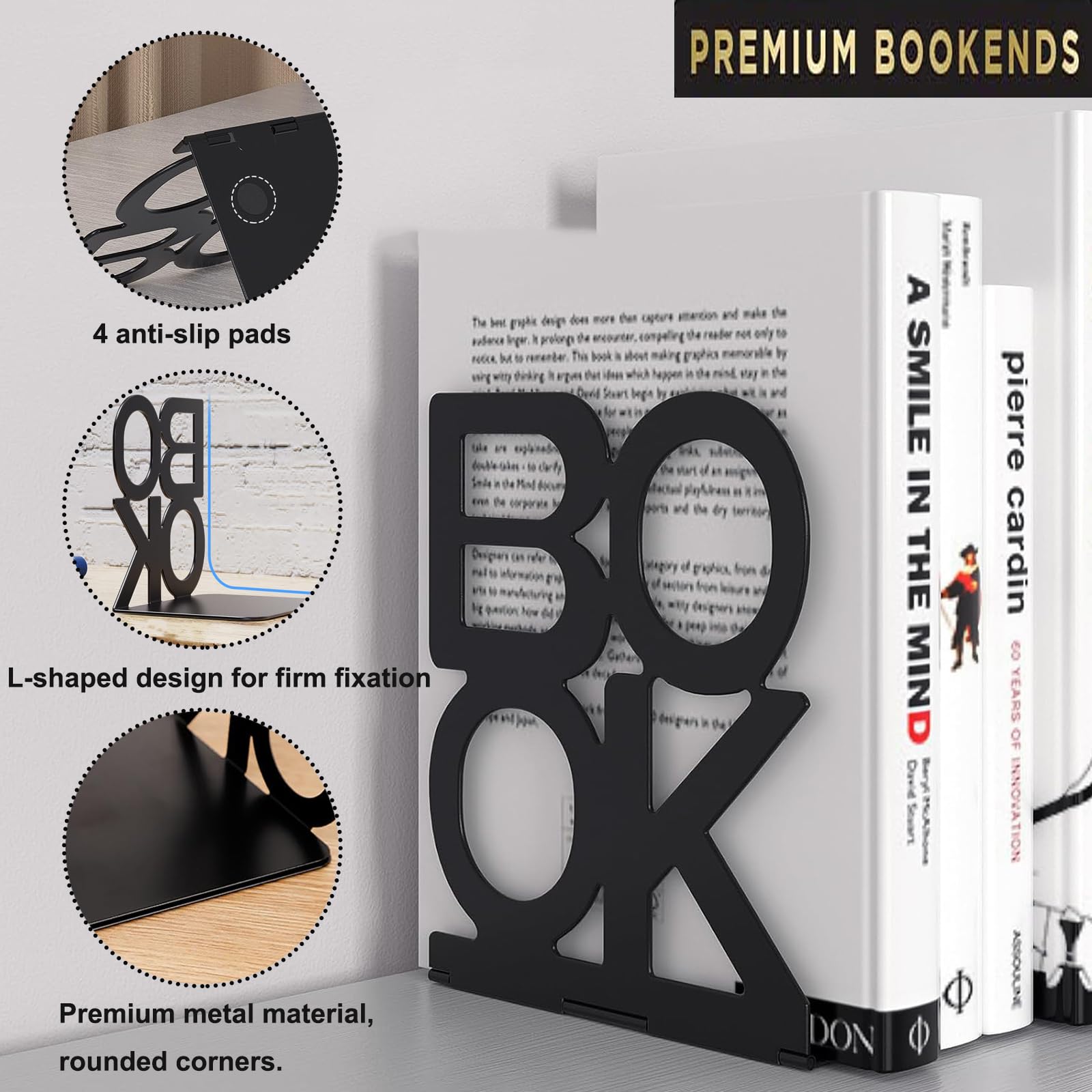 4 Paia Fermalibri per Mensole Ferma Libri in Metallo "BOOK" Scaffali per Scrivania Reggilibri per Mensole Antiscivolo Porta libri per Uffici Scuole Casa Librerie Biblioteche (Nero)