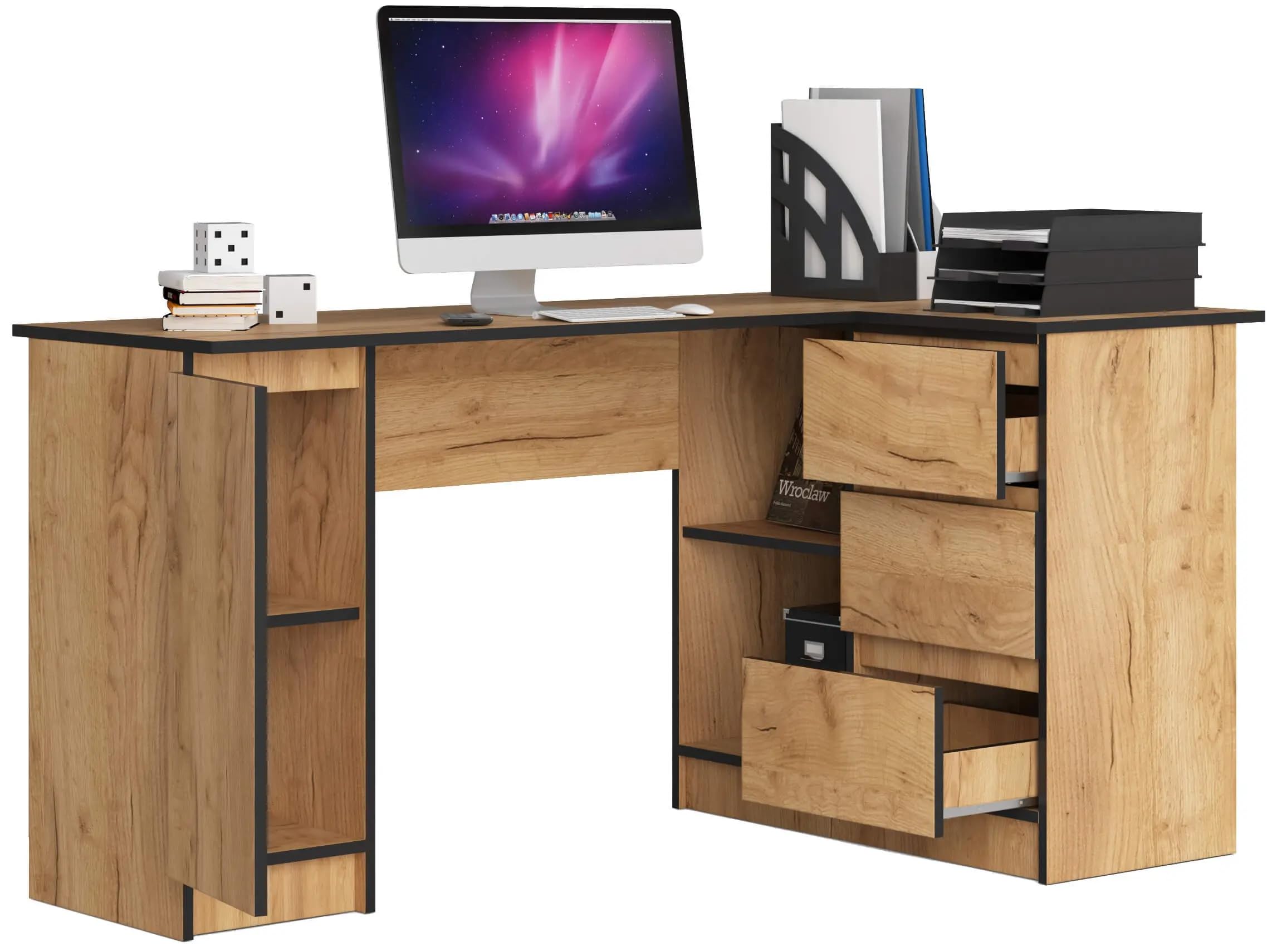 Akord-hoekbureau 3 Lades Rechts-grijs Grafiet/wit-124x85x77