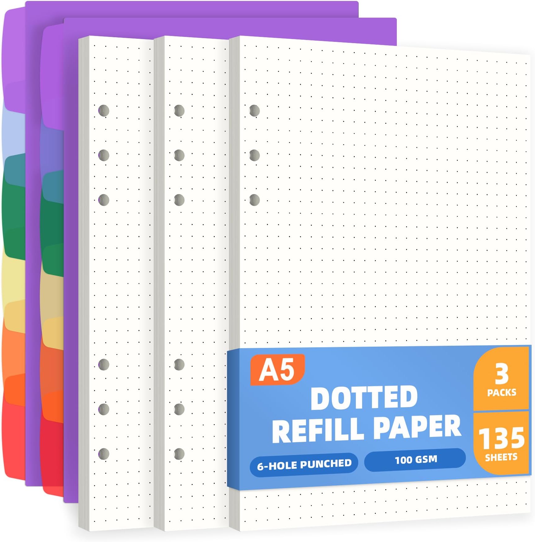 Antner A5 Dotted Refill Paper 6-Hole Planner Inserts for A5 6-Ring Binders, 135 Sheets Dot Grid Planner Refills Loose Leaf Filler Paper with Binder Dividers for Refillable Notebooks, Bullet Journals
