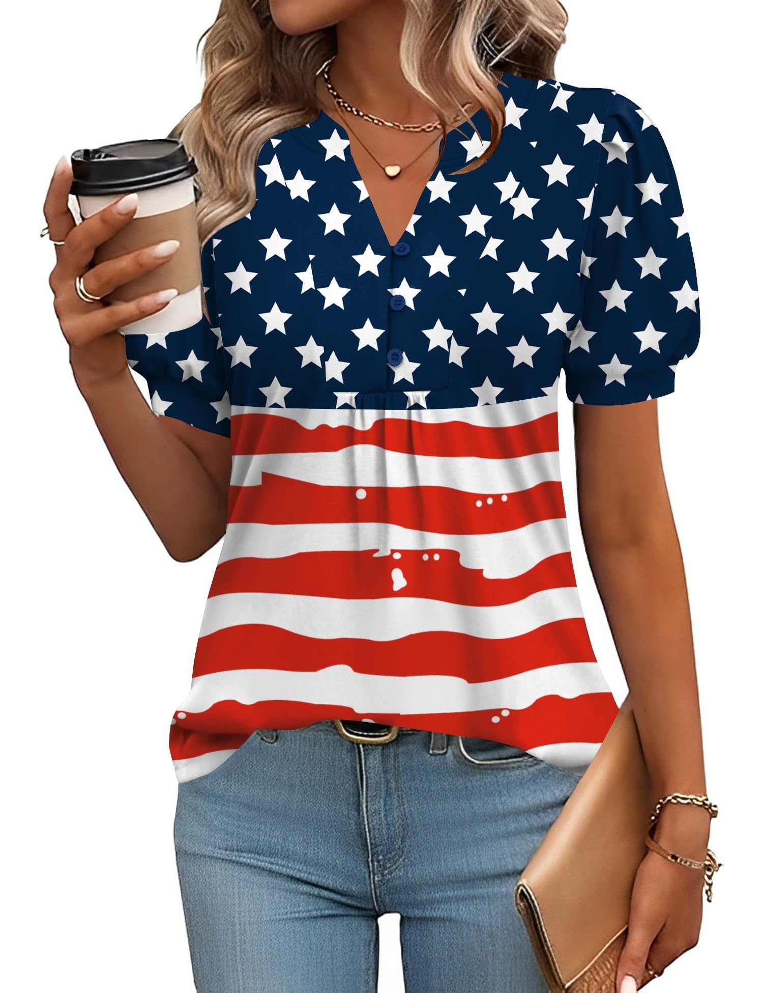 IECCP Womens Tops Puff Short Sleeve Shirts Dressy Casual Henley V-Neck Summer Tops Pleated T-Shirts Loose Fit Tunic Blouses