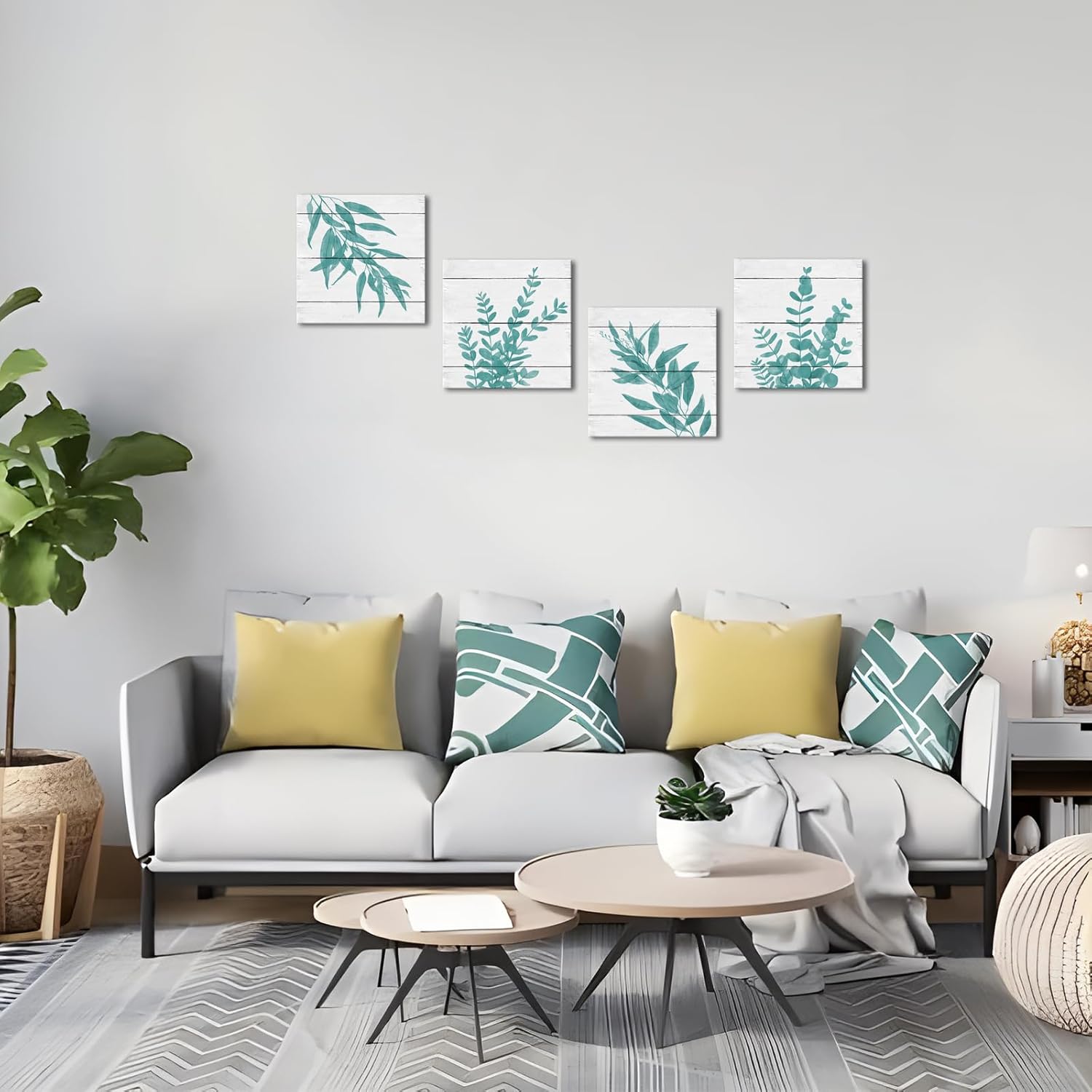 WELMECO Botanical Leaf Decor Bathroom Wall Art Eucalyptus Pictures Wall Decor,Framed 12x12inchx4Pieces (Turquoise)
