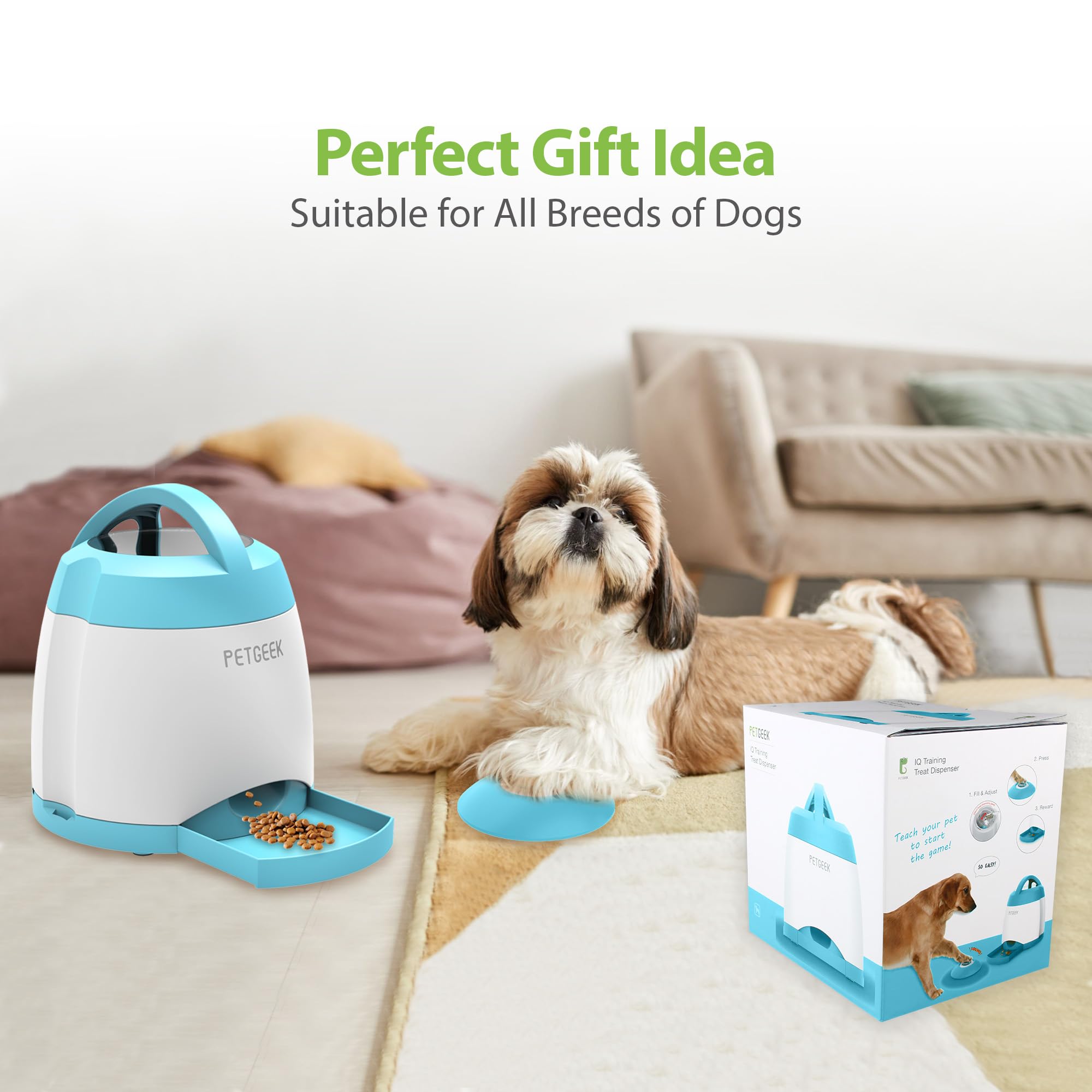 PETGEEK Dispenser interattivo per cani e giocattolo puzzle con alimentatore automatico, doppia alimentazione e telecomando, per giochi interni ed esterni (blu)
