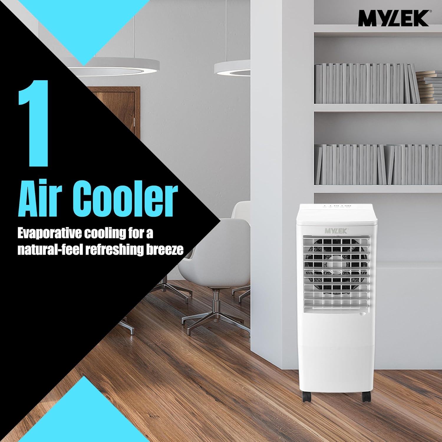 MYLEK Air Cooler in a room, labeled '1 Air Cooler'