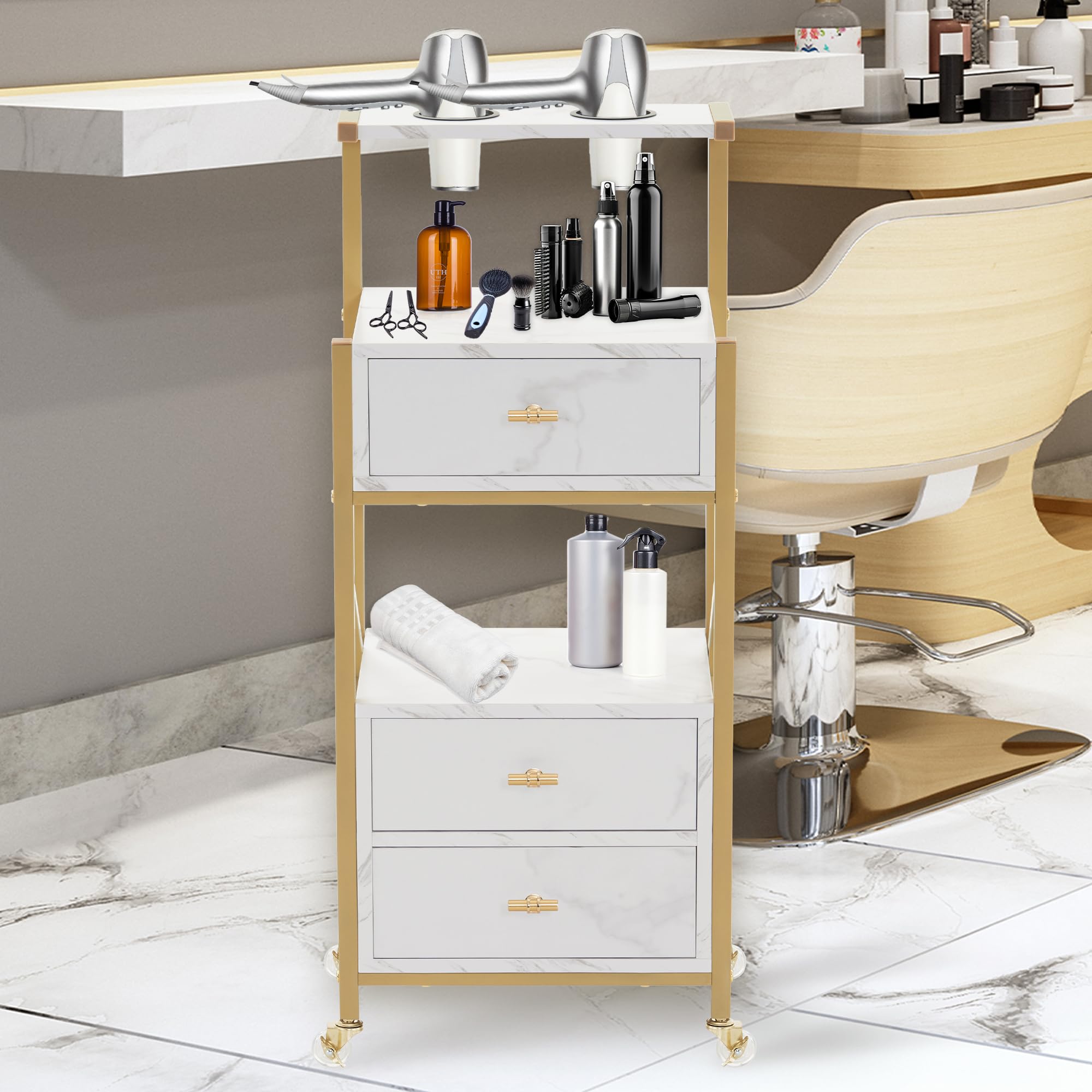 M MCombo Servante de Service avec roulettes et 3 tiroirs, Servante de Salon avec 2 étagères, Servante de Travail pour la Salle de Bain, 30x40x97cm, 0048