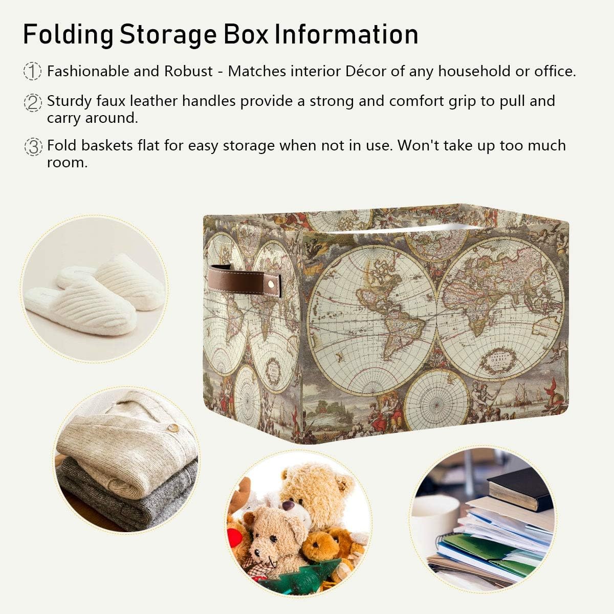 Storage Basket Cube Vintage Ancient World Map Large Collapsible Toys Storage Box Bin Laundry Organizer for Closet Shelf Nursery Kids Bedroom,15x11x9.5 in,2 Pack