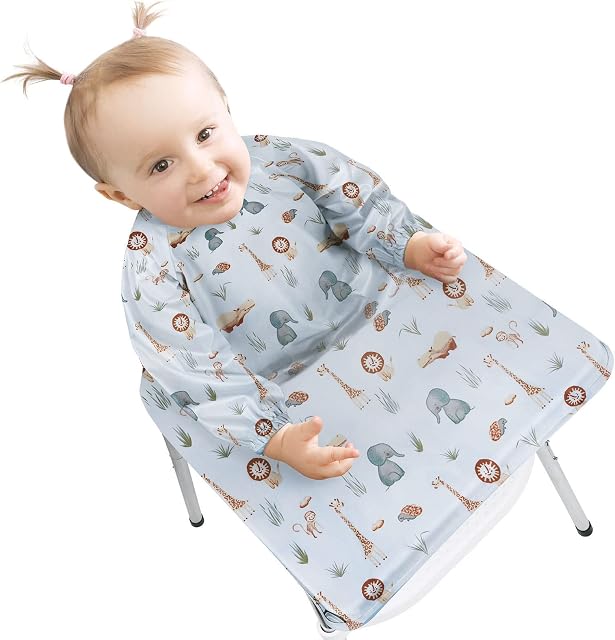 Vicloon Baby Bibs with Sleeves, Baby & Toddler Weaning Bib Coverall Attaches to Highchair & Table, Waterproof Long Sleeve Bib Unisex Feeding Bibs Apron for Infant Toddler