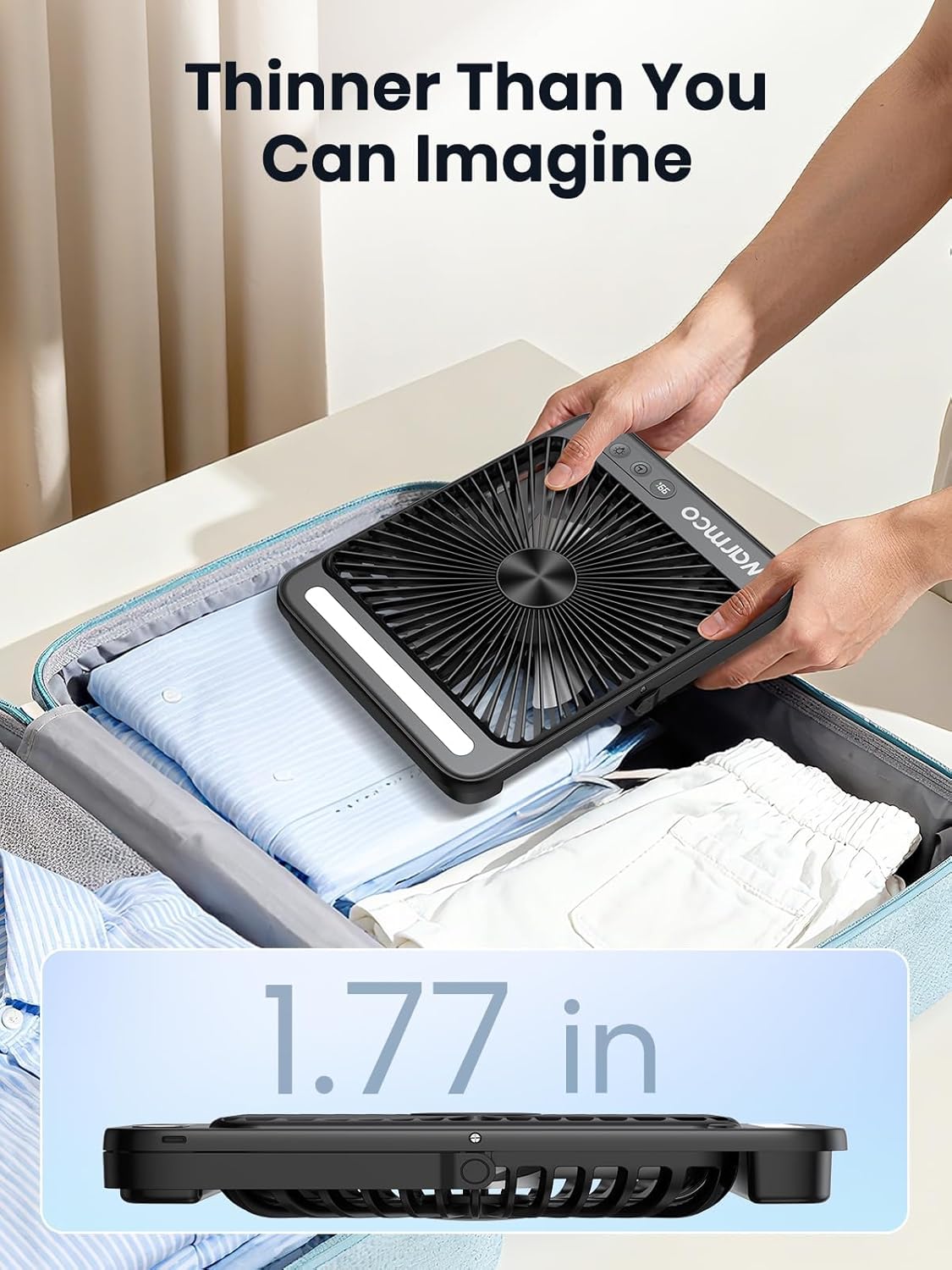 Warmco Battery Powered Fan, 20000mAh 22.5W 8-Inch Ultra-thin Rechargeable Camping Fan with LED Light, MAX 48H Runtime, 8H Timer, Portable Travel Fans for Sleeping, Outdoor, Indoor, Cruise Essential