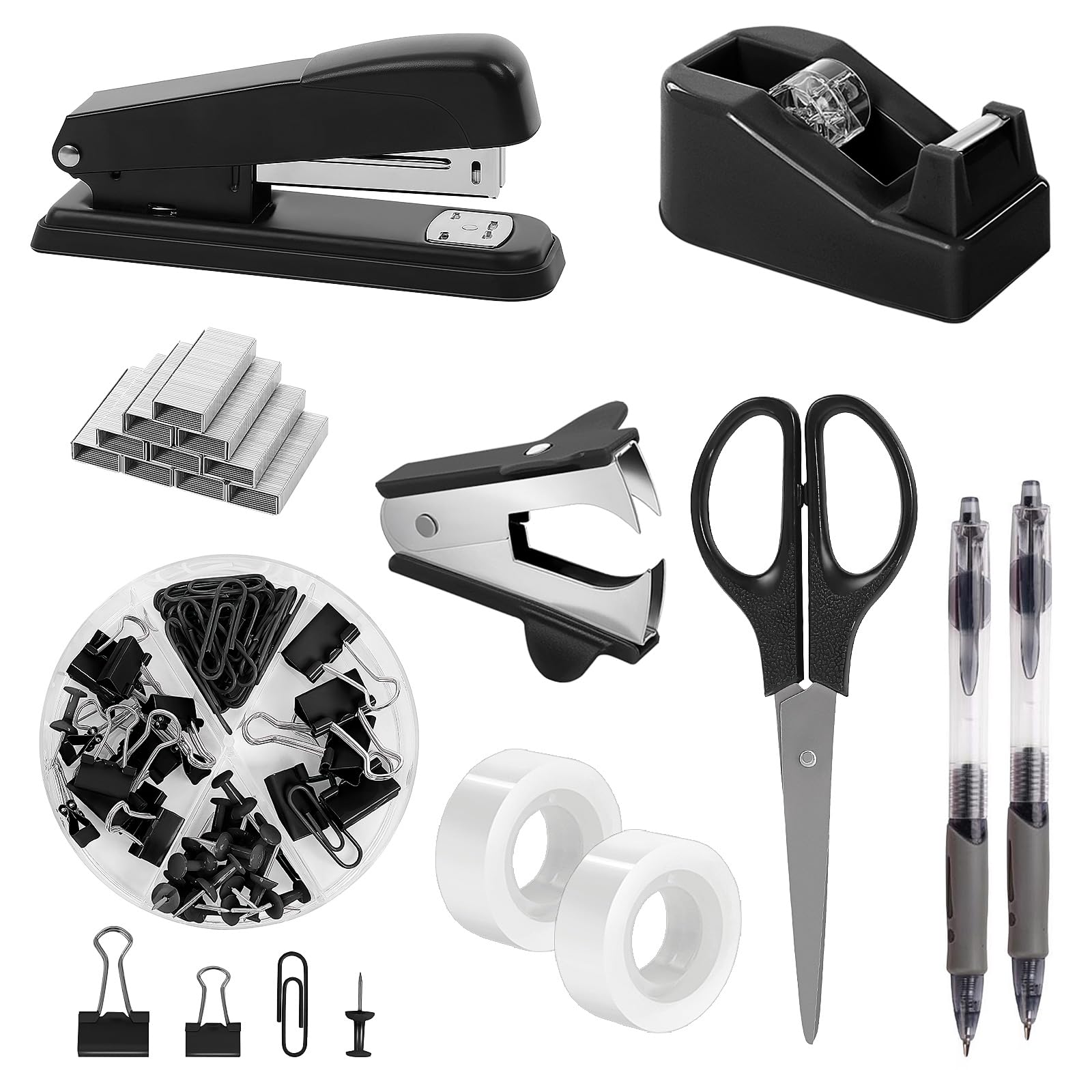 SKYDUE Black Office Supplies Set, Black Desk Accessories, Stapler, Tape Dispenser, Scissors, Binder/Paper Clips and 1000pcs Staples, Desk Supplies Set