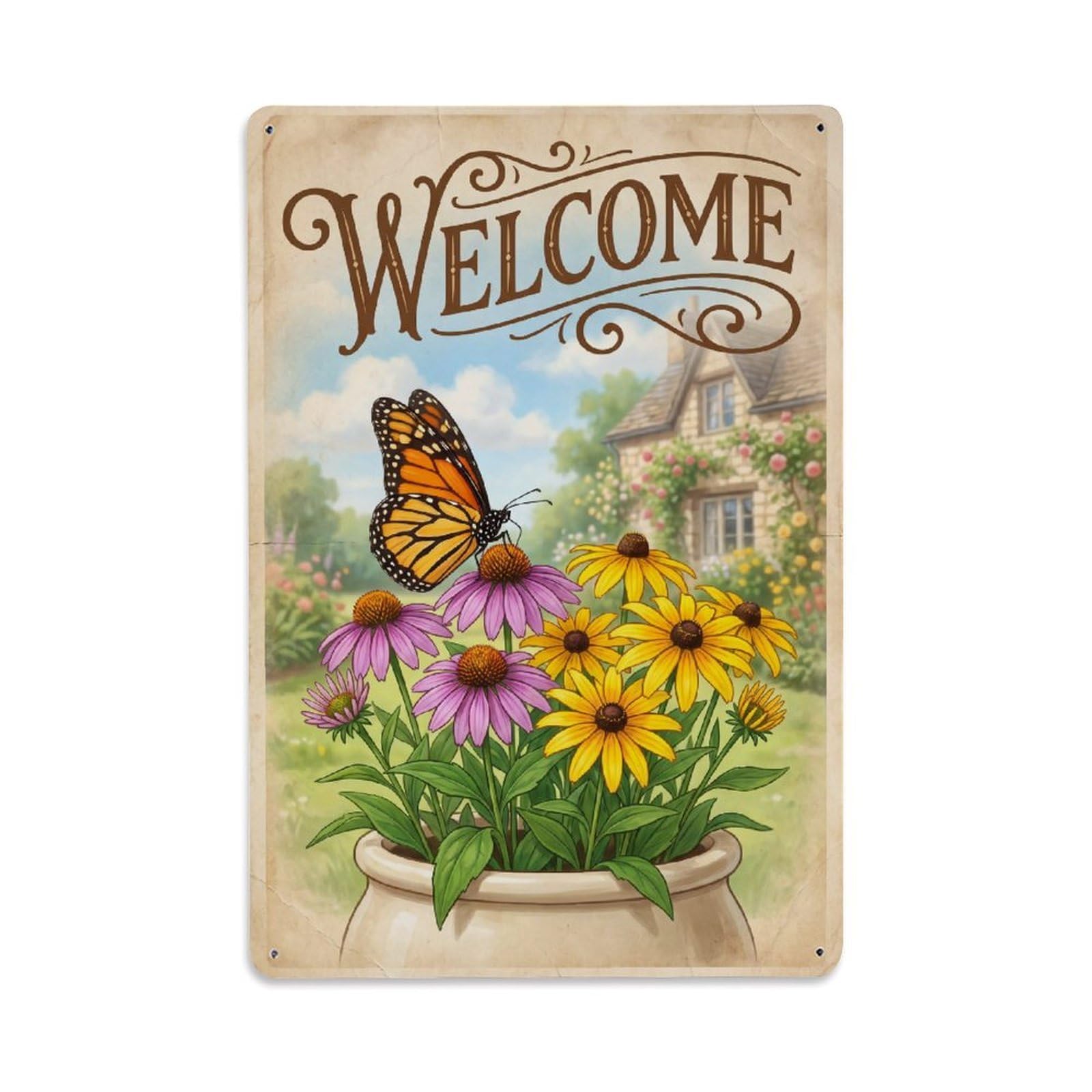 Cxhjca 8X12inch(20X30cm) Vintage Welcome Butterfly Garden Party Metal Tin Sign