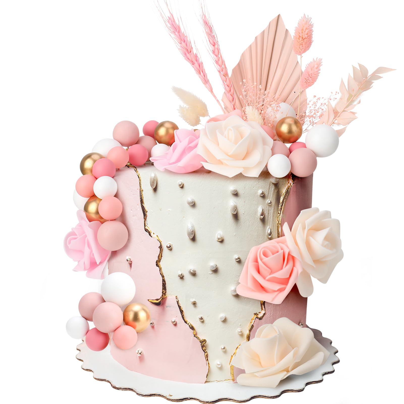 Candcamp 37 Pcs Rose Pink Gold Artificial Flowers Cake Decorations