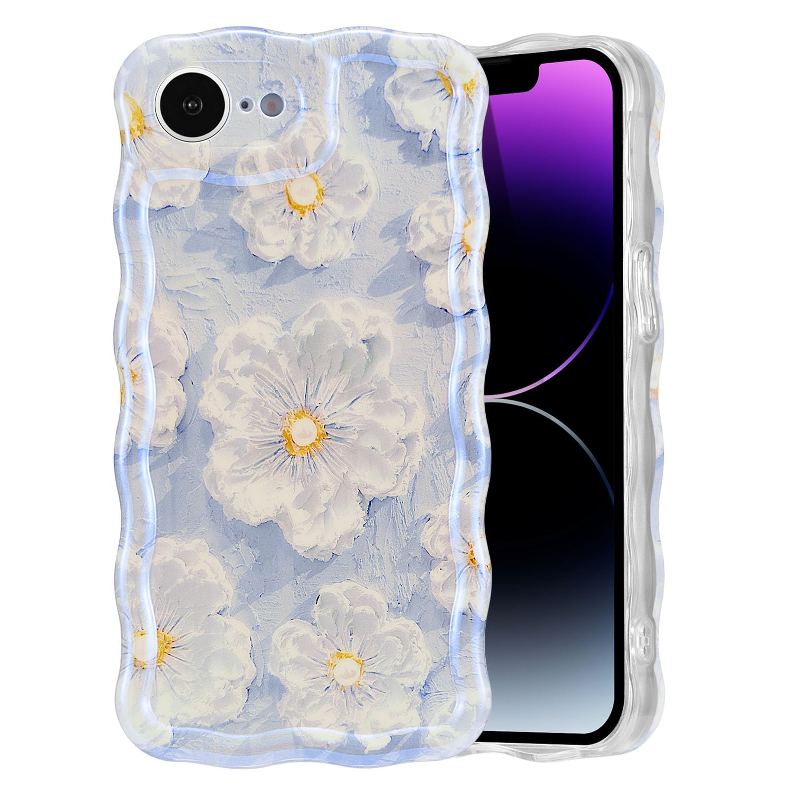 EYZUTAK Case for iPhone 15, Colorful Retro Oil Painting Flower Laser Beam Glossy Pattern Cute Curly Waves Border Exquisite Phone Cover Stylish Durable Soft TPU Protective Case for Girls Women - Green — view 111