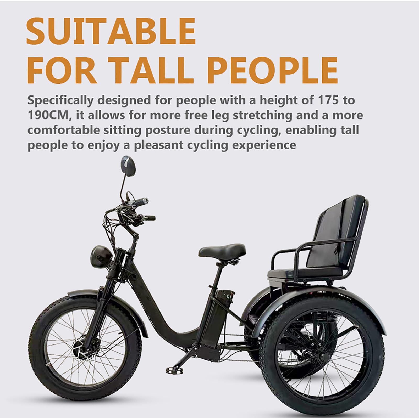 Triciclo Elettrico Da Carico, Capacità Di Carico 200 Kg, Pneumatici Larghi 24″. Triciclo Elettrico Con Sedile, Display Lcd + Faro, Doppi Freni A Disco, Per Uso Familiare Quotidiano Black