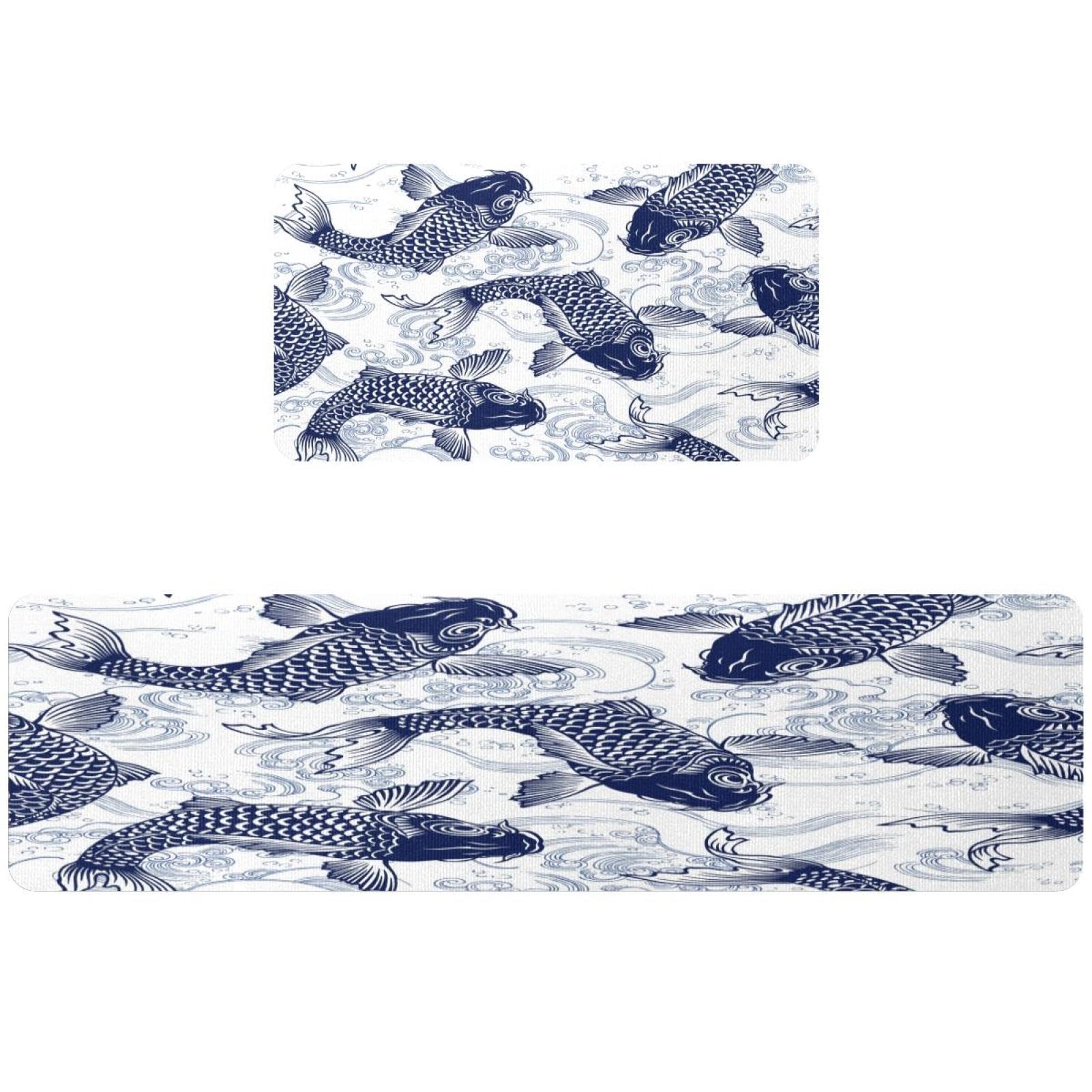 Tapis de cuisine bleu motif carpe koï pour sublimer votre couloir et buanderie