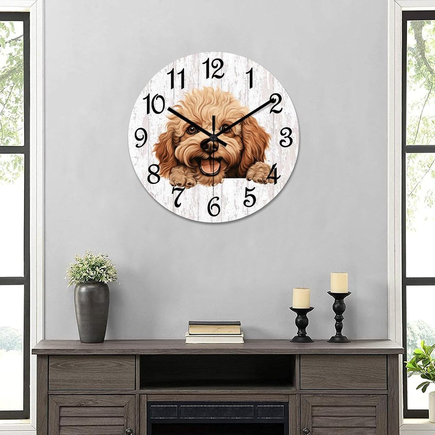 Toy Poodle Clock Doggy Dog Owner Large Wooden Wall Clock Battery Operated Silent 15 Inch Farmhouse Wall Clock Decorative for Home Kitchen Living Room Bedroom Office