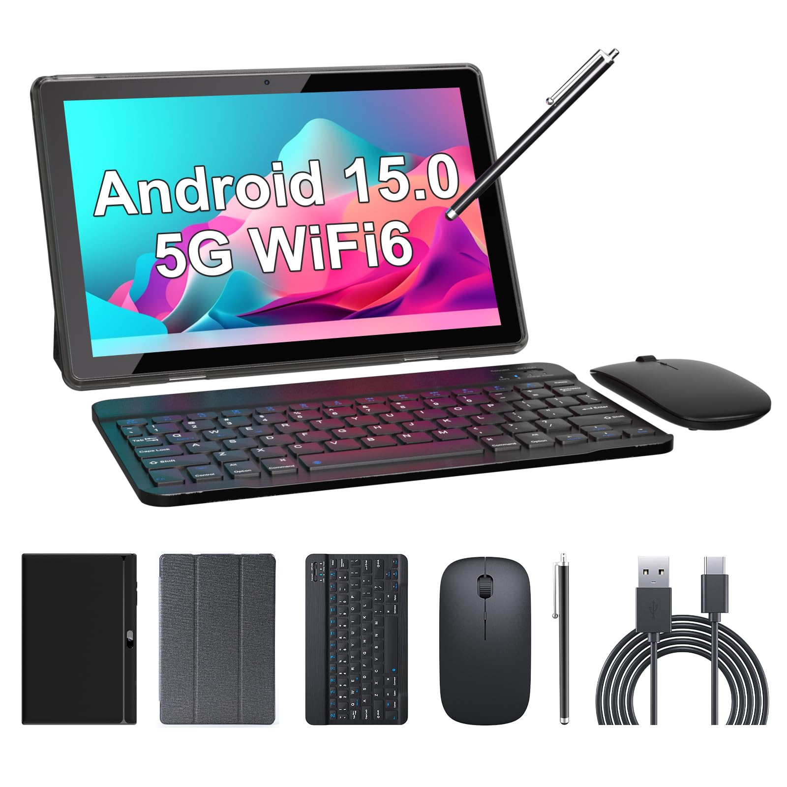 Tablet 2 in 1 Tablets 10 inch Android 15 Tablet Set with Keyboard Case Mouse Stylus 8GB+32GB/1TB expansion Tablets 10.1" Touch Screen Tab 6000 mAh