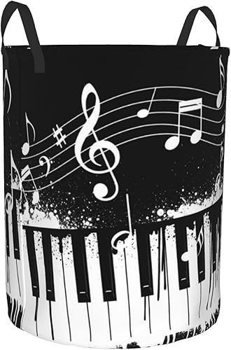 Miniatura 2 de Cesta de lavandería plegable redonda independiente compatible con teclas de piano blanco y negro con notas musicales, cesta de lavandería