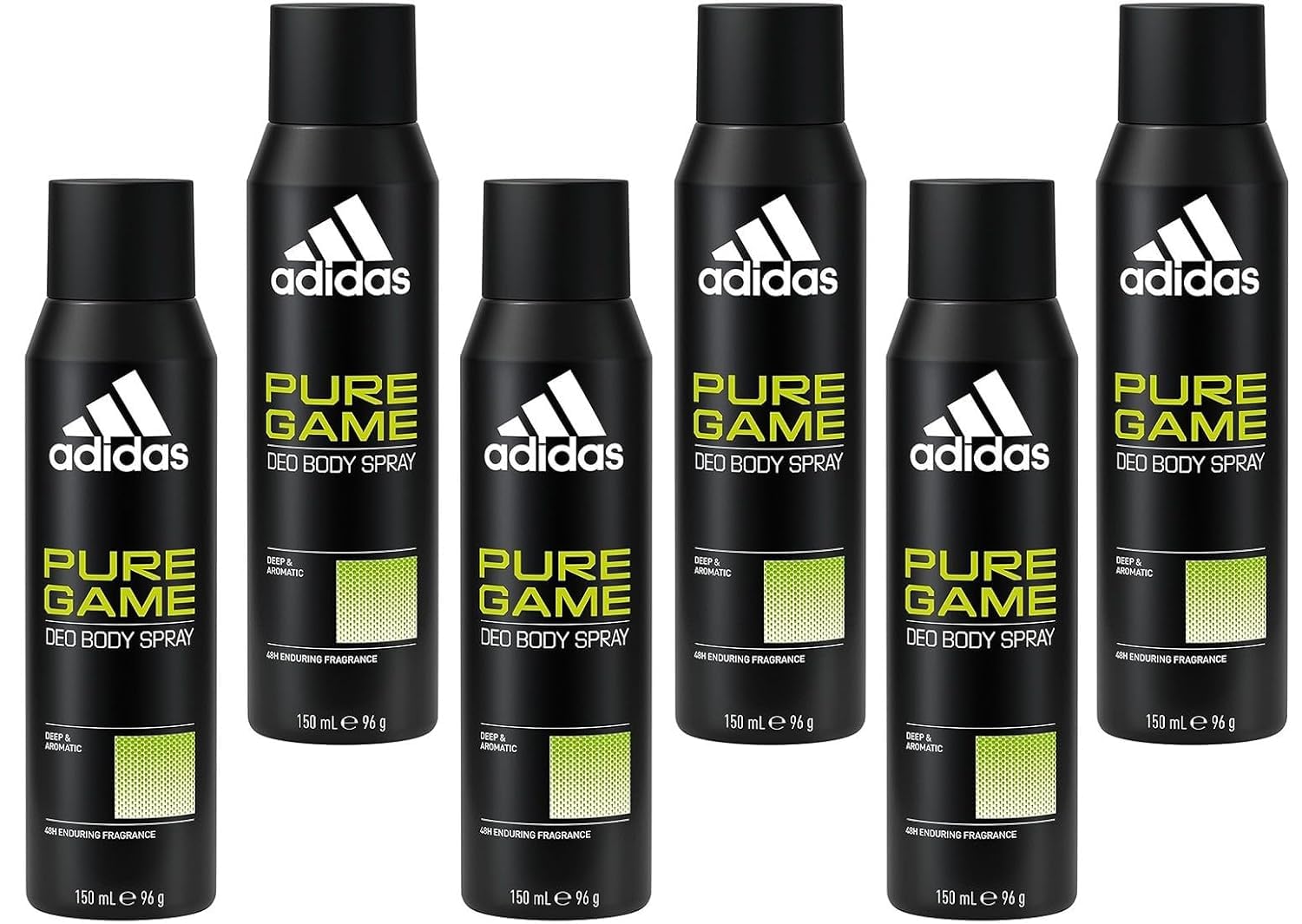 adidas Men Pure Game Lot de 6 déodorants pour le corps, fraîcheur intense, protection durable contre les odeurs et la transpiration, avec 48 heures de protection contre la transpiration intense et les