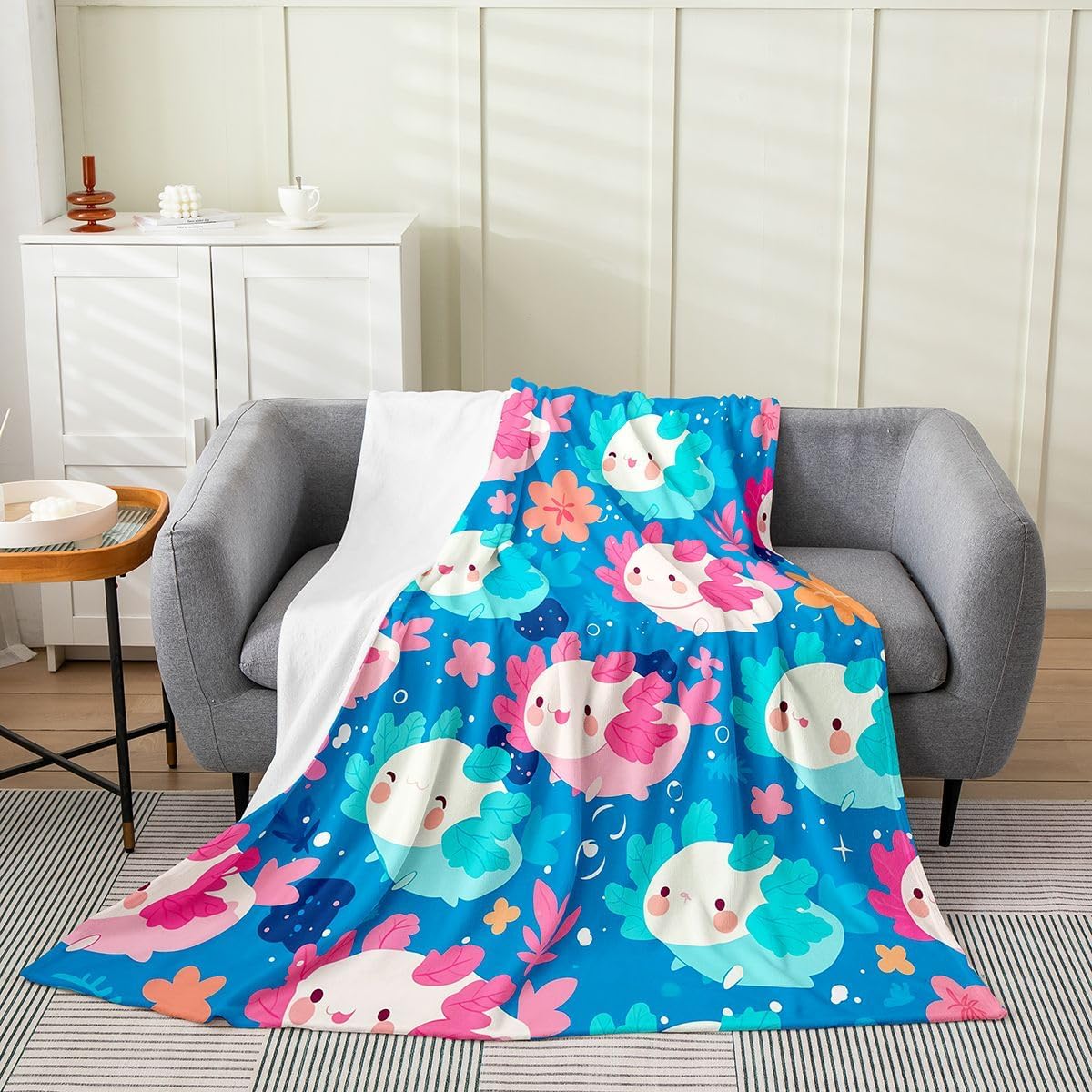 Erosebridal Cute Axolotls Flannel Blanket Queen 90x90 Inch Blue Ocean Underwater Sealife Fleece Blanket Kids Teens Aesthetic Floral Seaweed Fuzzy Plush Throw Vibrant Adorable Axolotl Decor
