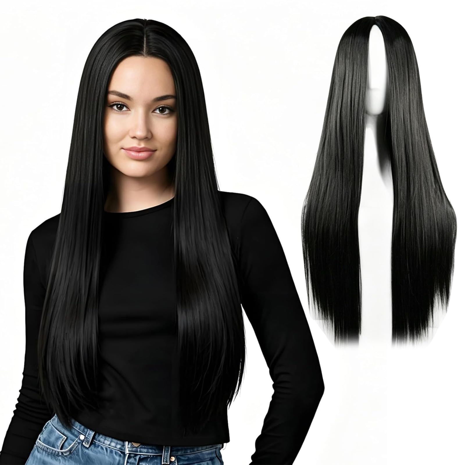 Full Head Hair Wig for Women, Black Long Straight Hair Wig for Woman, Medium Long Wigs for Women for Daily Use Cosplay Styling Halloween Party Girls with Cap-image-24
