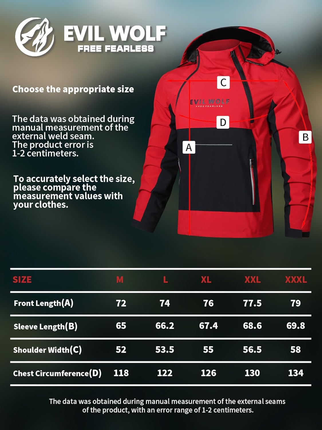 EVIL WOLF Men's Hooded Outdoor Jacket, Color Block Design, Asymmetric Zip Cardigan, Windproof & Waterproof - Image 6