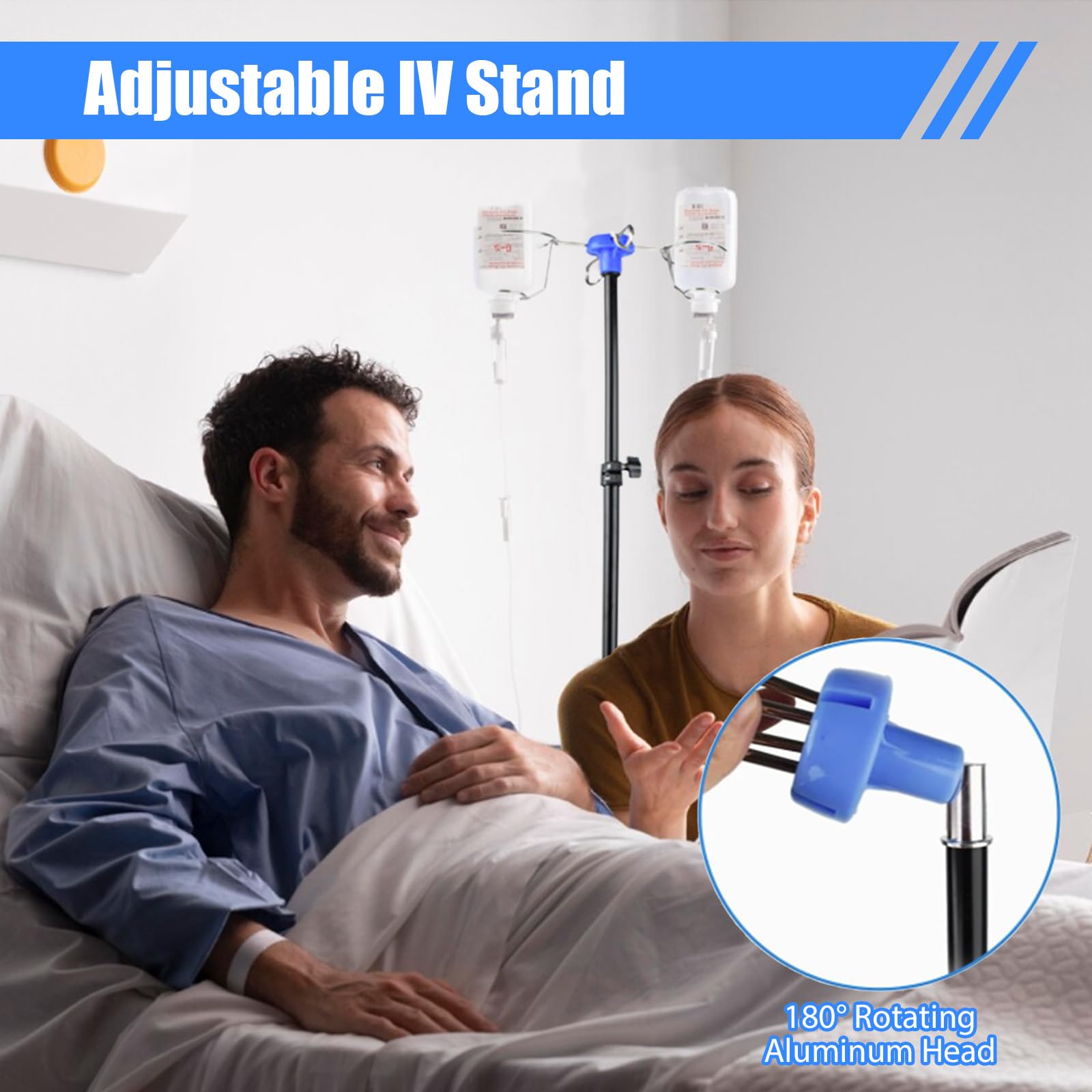 Support à perfusion à 3 roues Rolling IV avec alarme, support pliable pour perfusion avec 3 poches en filet et plateau en métal, hauteur réglable de 90 à 190 cm, porte-sachets de perfusion pour