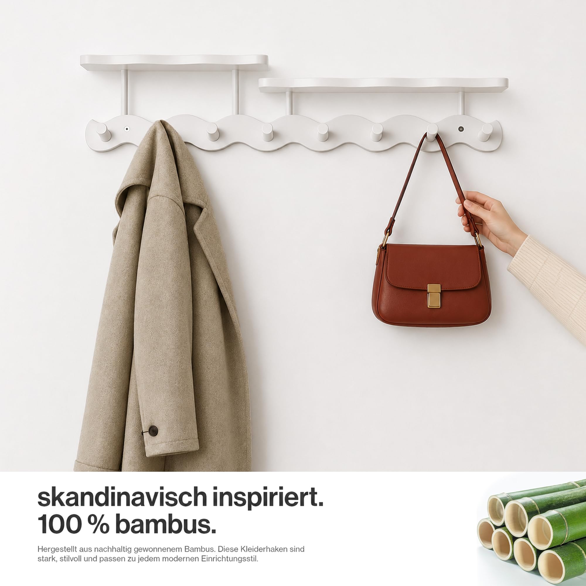 Wandgarderobe mit Ablage, Wandgarderobe, garderobenleiste weiß, Garderobenleiste mit 8 Haken für Flure, Hakenleiste Garderobe für Eingang, Flur, Wohnzimmer und Schlafzimmer (72cm)