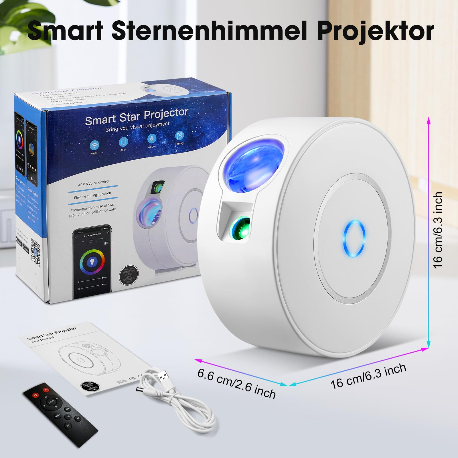 Smart Sternenhimmel Projektor, WLAN Galaxy Projector mit Fernbedienung, App & Sprachsteuerung, 16M Farben Sternenprojektor, 25 dB leiser Betrieb mit 4 Positionierungswinkeln