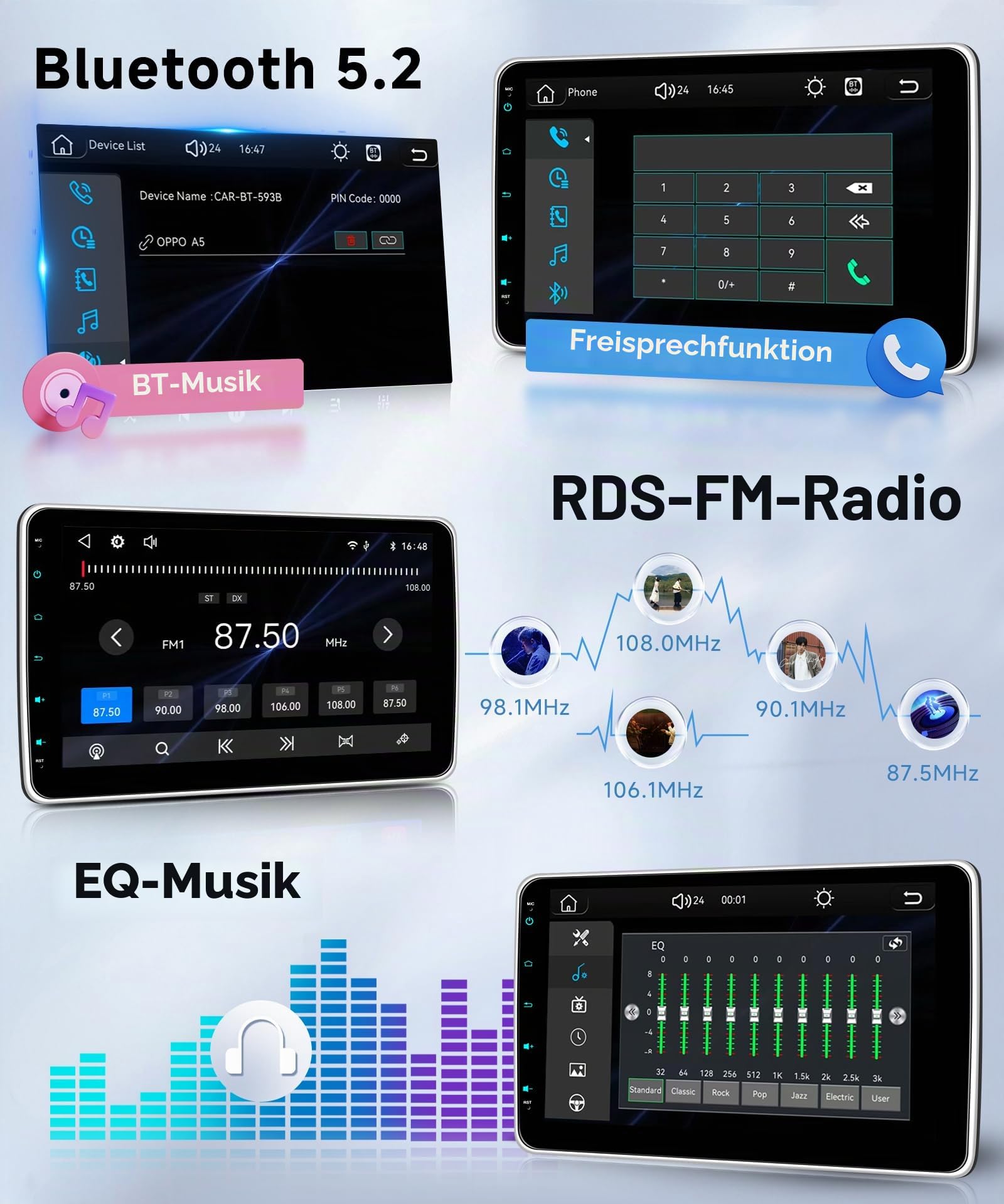 Hodozzy 1 Din RDS Autoradio mit Drahtlose CarPlay Android Auto, 10 Zoll Abnehmbarer Bildschirm mit USB Type-C/Bluetooth 5.2/FM/EQ/SWC+Rückfahrkamera