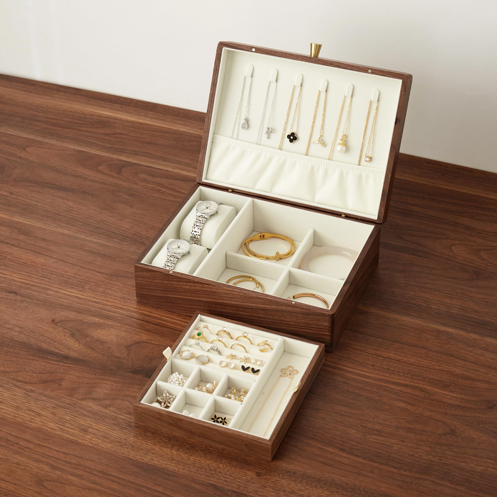 Black Walnut Wood Jewelry Box With Velvet Lining Personalized Ring and Necklace Box for Women and Girls Brass