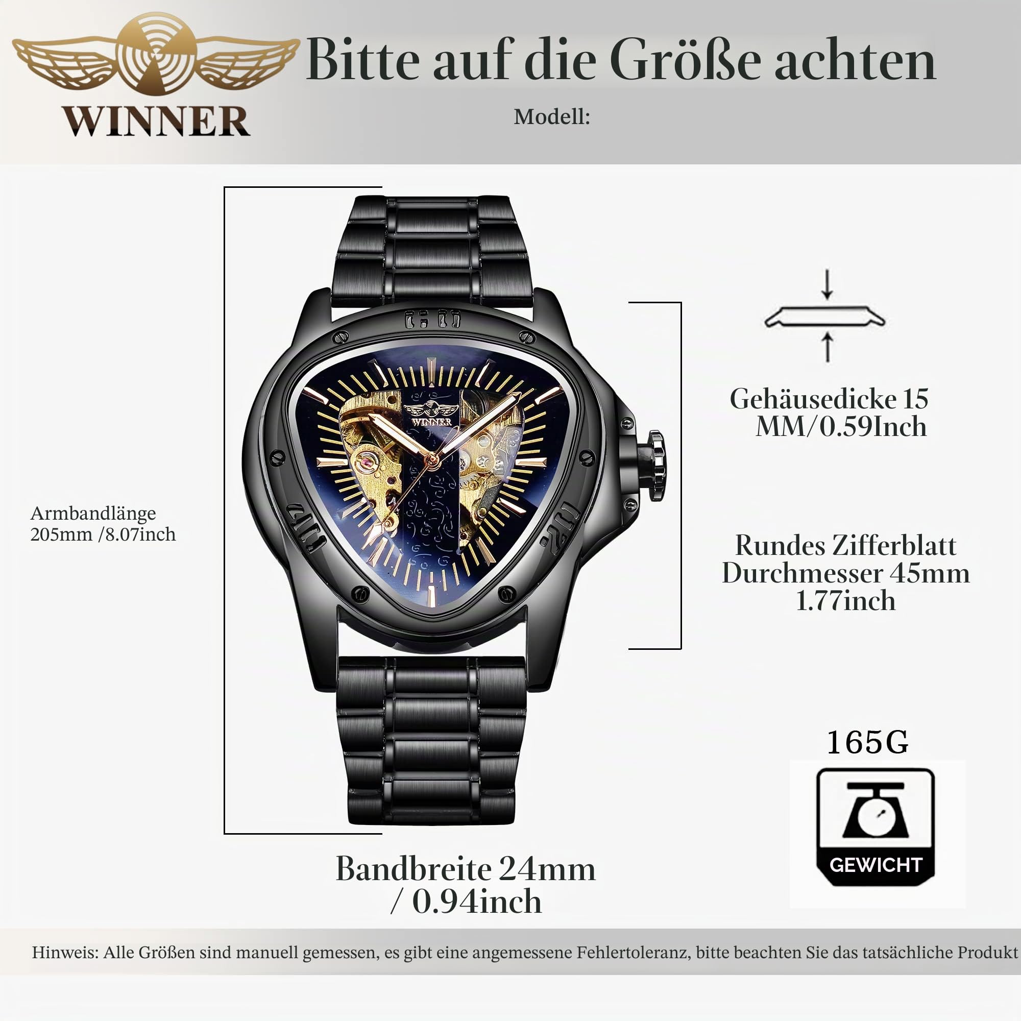 Winner Fashion Mechanische Armbanduhr für Herren, dreieckiges Rennsportzifferblatt, wasserdicht, goldenes Skelettzifferblatt, automatisches Uhrwerk, Lederdesign