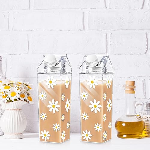 Miniatura 6 de Whaline Paquete de 2 botellas de agua de cartón de leche de margaritas de 17 onzas, botellas de leche de plástico transparente a prueba de fugas,