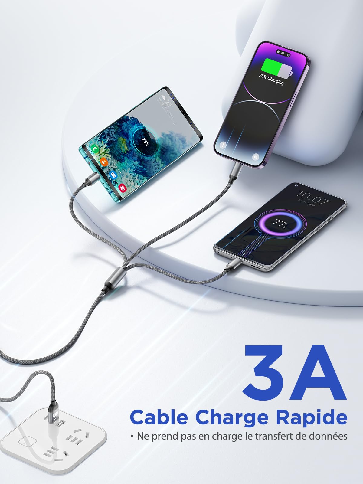 Câble Multi USB 3 en 1 Universel Rapide 1.2M Nylon Tressé Micro USB Type C Lightning pour iPhone Samsung Huawei