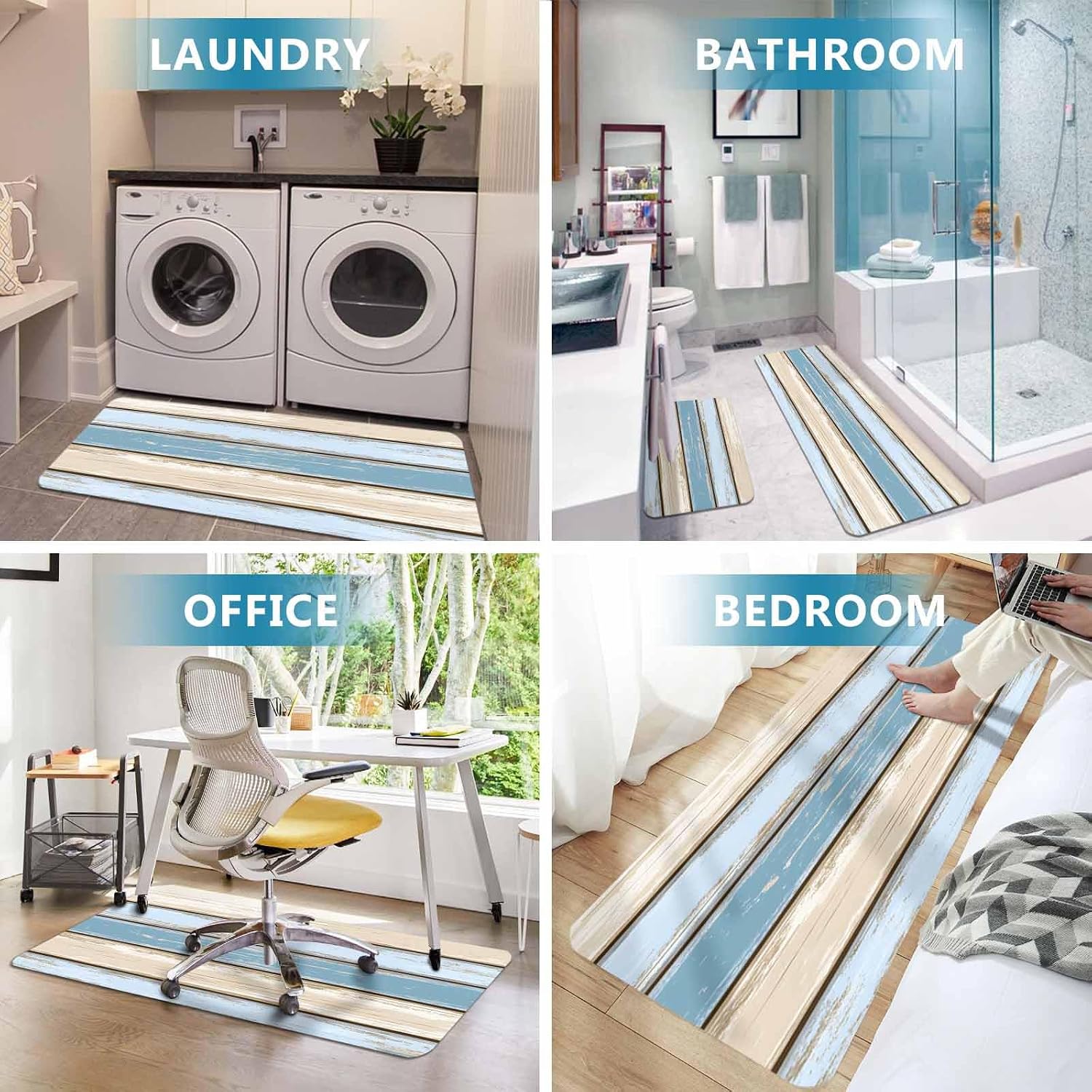 Prime Leader Retro Wood Grain Kitchen Mat Set 2 Pieces Blue Beige Board Farmhouse Countryside Non Slip Kitchen Rugs Washable Runner Rug Mats for Sink Laundry (19.7" x 31.5"+19.7" x 63")
