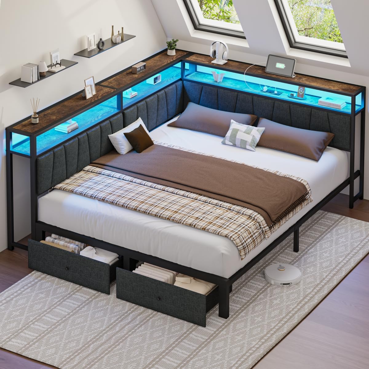 Queen Corner Bed Frame with Storage Drawers, Modern Daybed with LED Lights and Charging Station, Metal Platform Bed Frame Queen Size with Linen Upholstered Guardrail for Dorm Bedroom, Grey
