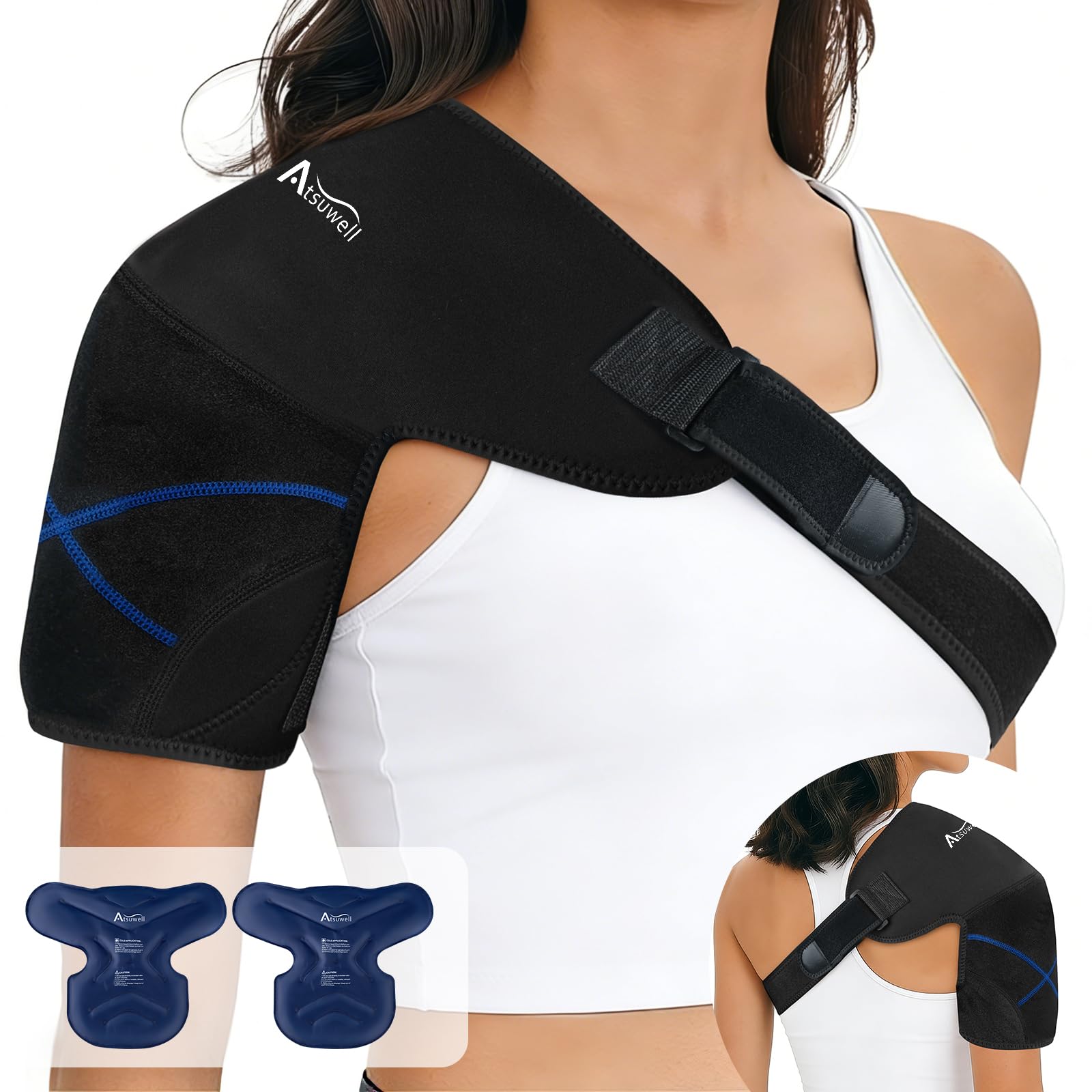 Atsuwell Bolsa de hielo para hombro con 2 paquetes de gel, soporte de hombro de apoyo para manguito rotador y brazo, envoltura reutilizable de terapia de frío para recuperación muscular y relajación