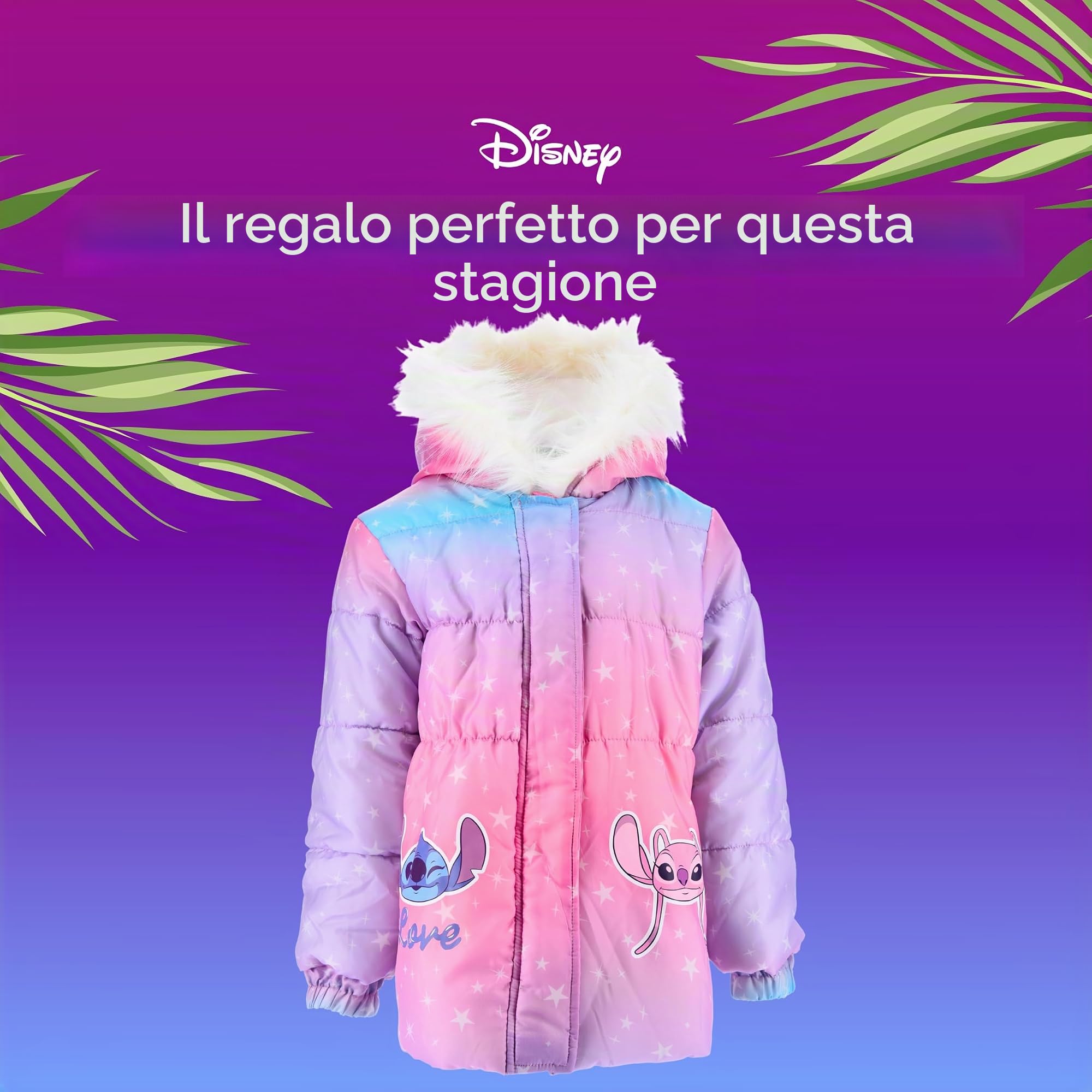 Disney Stitch Giacca per Ragazze, Caldo e Morbido Giubbotto Piumino Invernale, Cappotto con Cappuccio per Bambina, Taglie 3 a 8 Anni