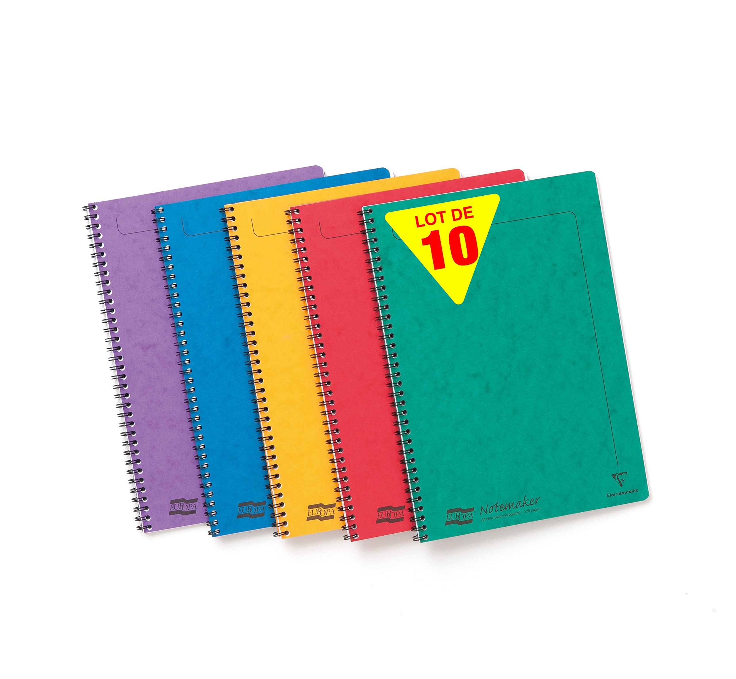 Clairefontaine 4859Zpack - Packung mit 10 Notizheften mit Spiralbindung Europa Notemaker, DIN A4 (21x29,7 cm), 60 Blatt kariert 90g, abtrennbar, farbig sortiert, 10 Stück